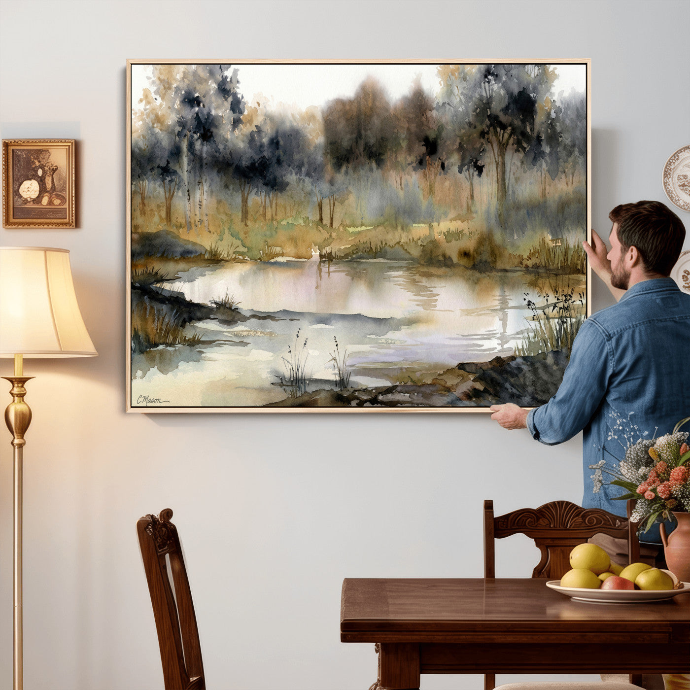 27383609-MGV-CV-36X24 - Abstract WatercolorAutumn Lake Canvas Wall Art Print, Misty Forest Landscape, Rustic Nature Painting, Cabin Wall Decor, Ready to Hang