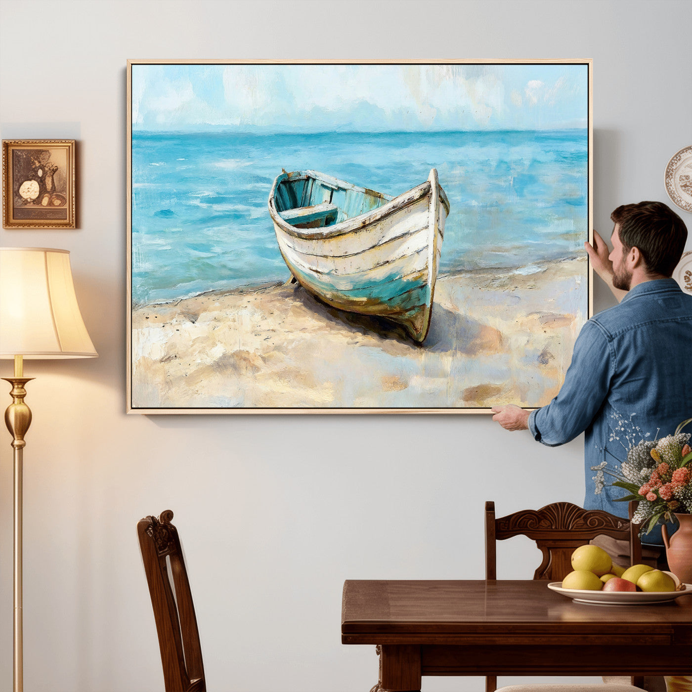14780565-MGV-CV-36X24 - Coastal Boat Canvas Wall Art Print, Beach Boat Painting, Nautical Ocean Decor, Seascape Wall Art, Ready to Hang