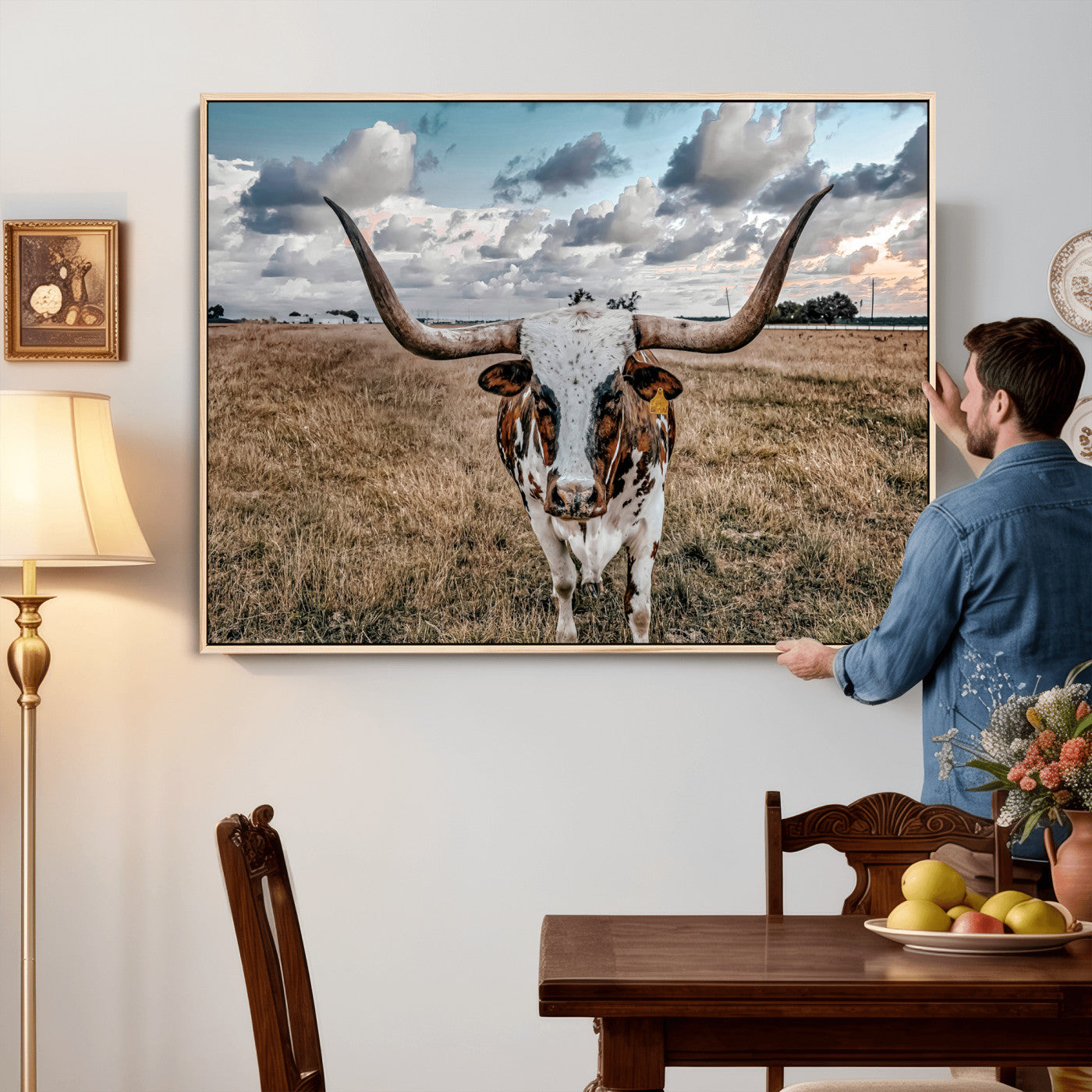 17464823-MGV-CV-36X24 - Texas Longhorn Canvas Wall Art Print, Western Cow Photography, Rustic Ranch Decor, Farmhouse Wall Art, Ready to Hang