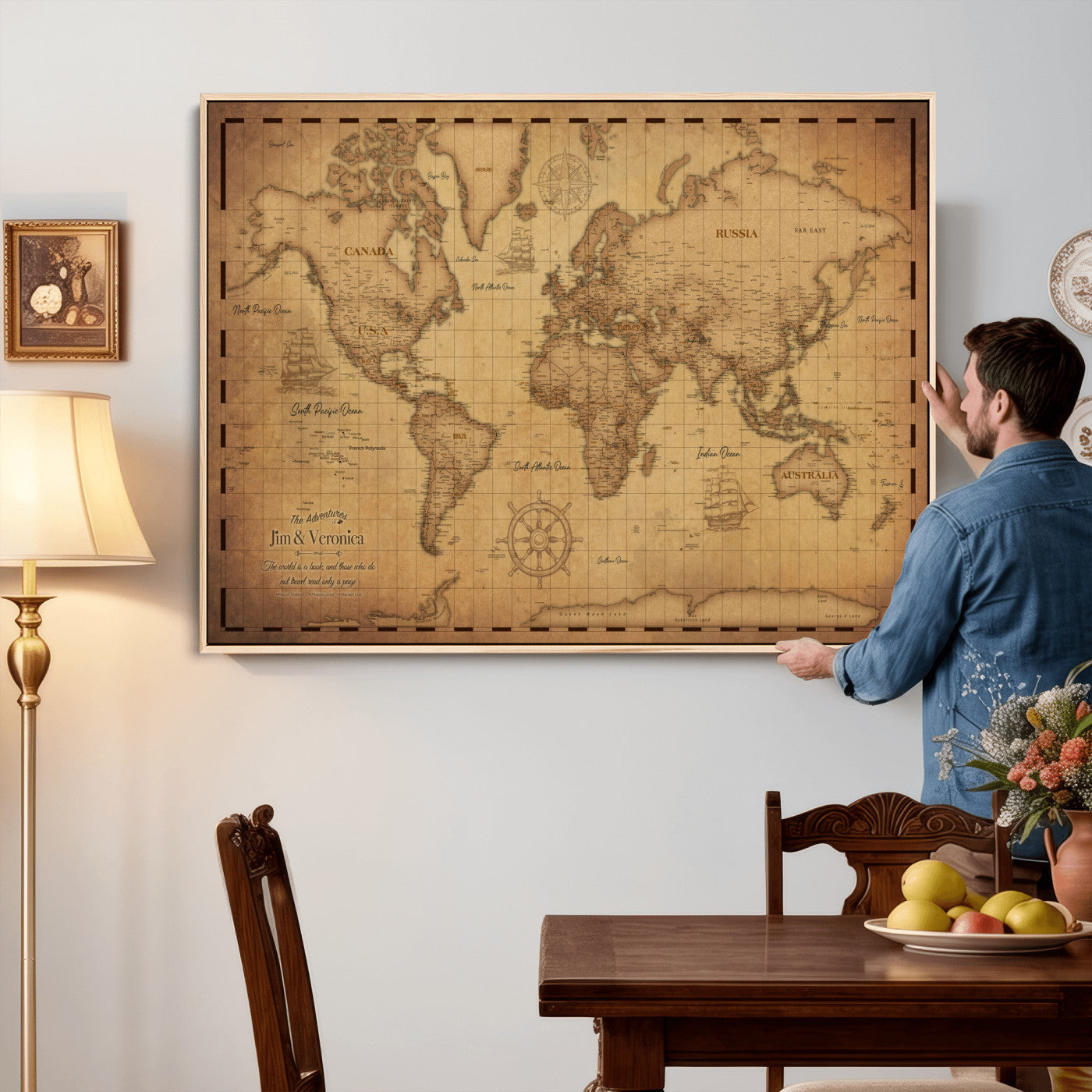 55328610-MGV-CV-36X24 - Personalize Push Pin World Map Wall Art Print | Vintage Travel Map Canvas, Custom Names Anniversary Gift, Places Visited Pin Board