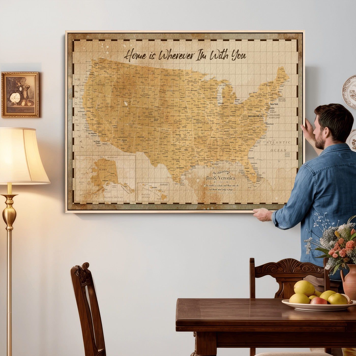 62164711-MGV-CV-36X24 - Personalized USA Push Pin Travel Map, Custom United States Map, Push Pin Map, USA Bucket List Map, Anniversary Gift, Couple Travel Map Wall Art