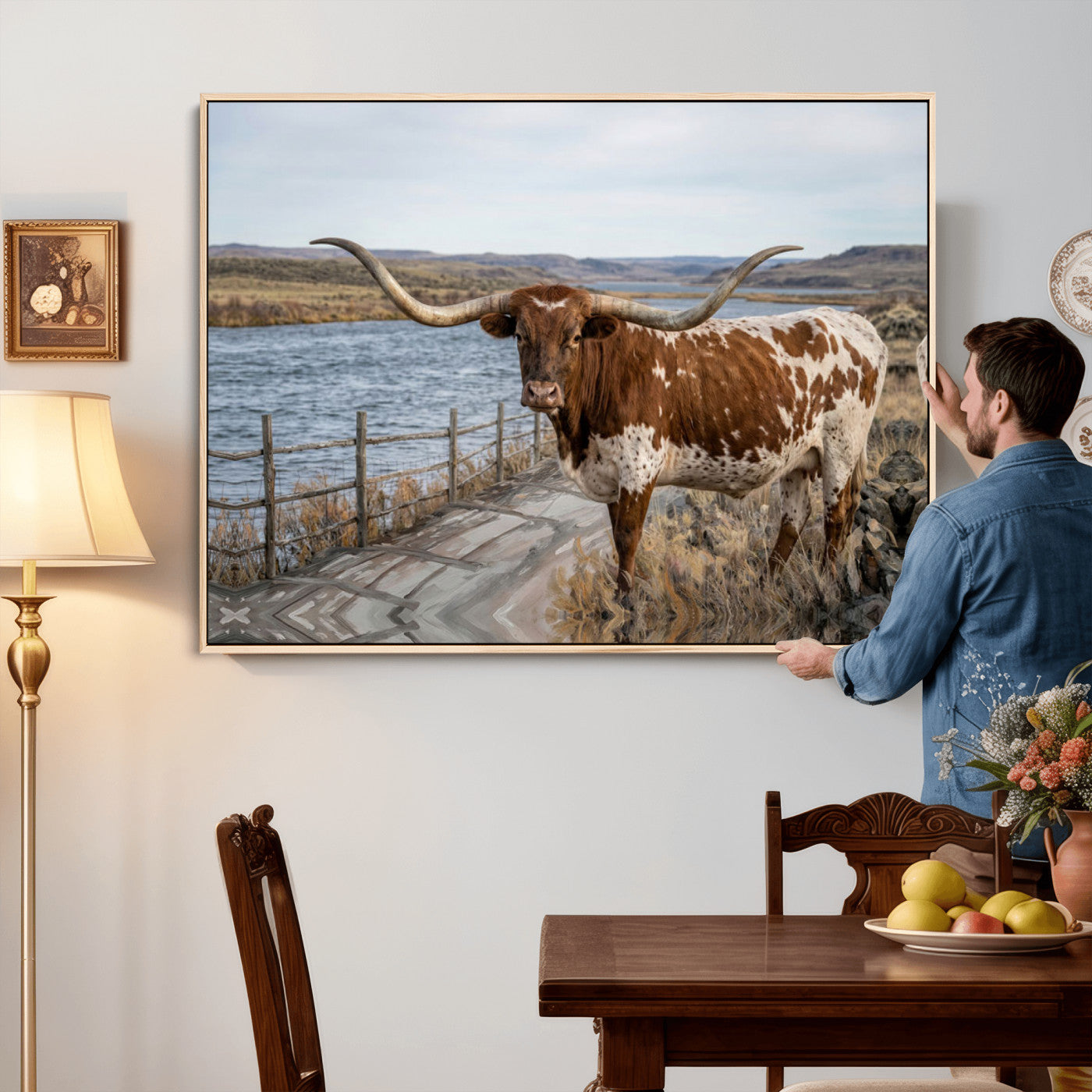 91575949-MGV-CV-36X24 - Texas Longhorn Cattle in Desert Pasture Wall Art Canvas Print - Rustic Western Decor