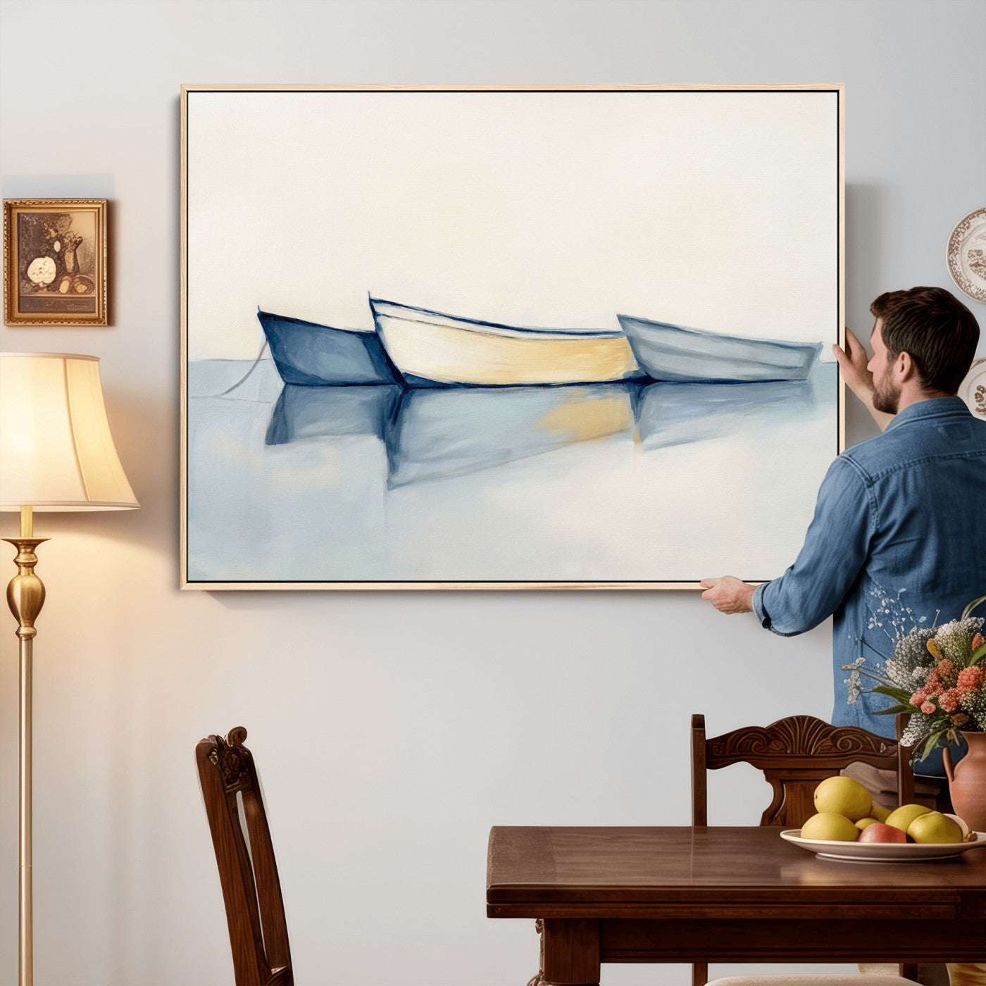 84017361-MGV-CV-36X24 - Abstract Three Boats Reflecting on Water Wall Art Canvas Print - Minimalist Coastal Seascape