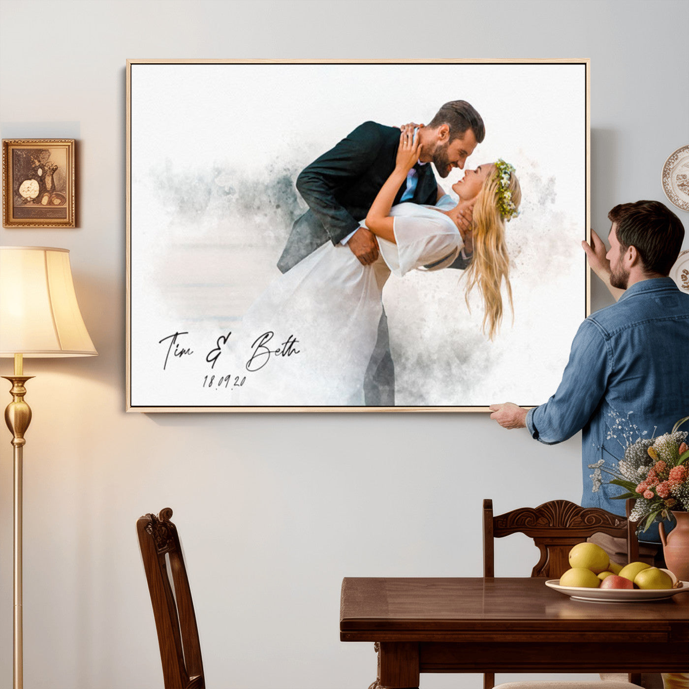 39726003-MGV-CV-36X24 - Watercolor Couple Portrait from Photo, Custom Wedding Anniversary Gift for Wife Husband Parents, Engagement Gift for Friend