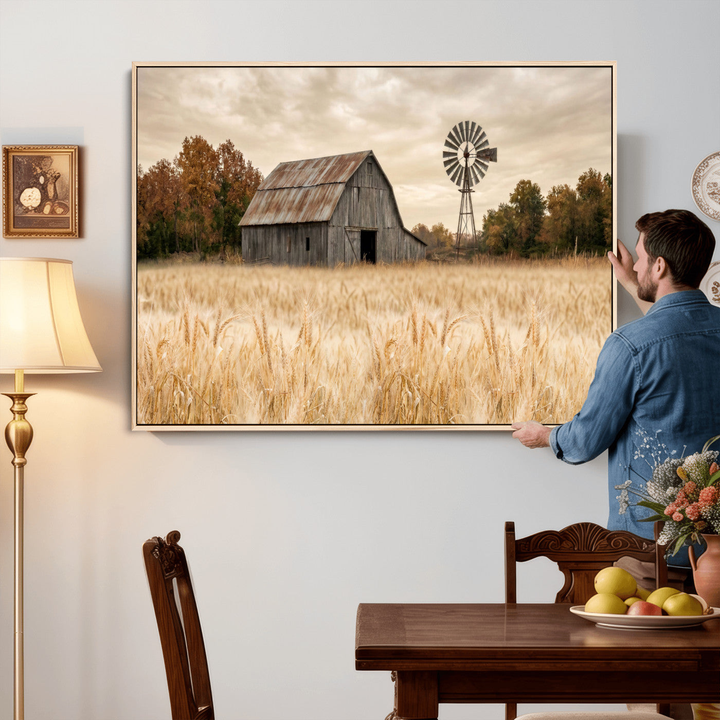99640659-MGV-CV-36X24 - Rustic Farmhouse Barn and Windmill Wall Art Canvas Print, Country Landscape Photography Print