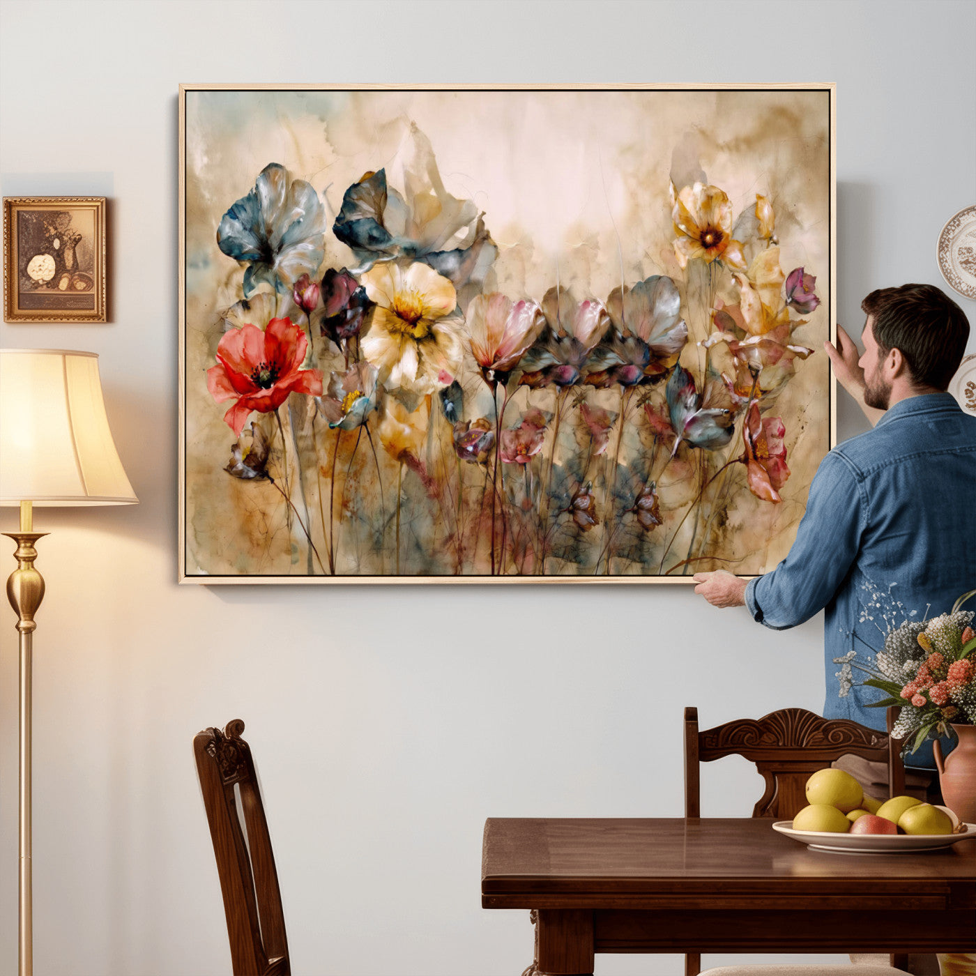 11407233-MGV-CV-36X24 - Vintage Dried Floral Meadow Wall Art Canvas Print, Translucent Watercolor Flowers Painting Print