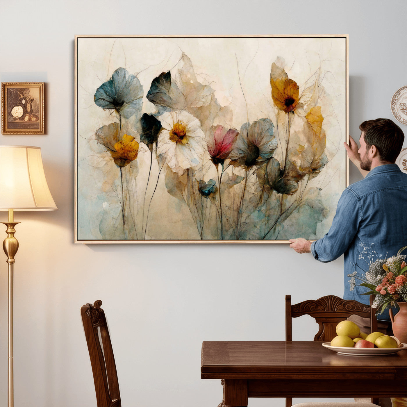 86802229-MGV-CV-36X24 - Vintage Dried Floral Meadow Wall Art Canvas Print, Translucent Watercolor Flowers Painting Print