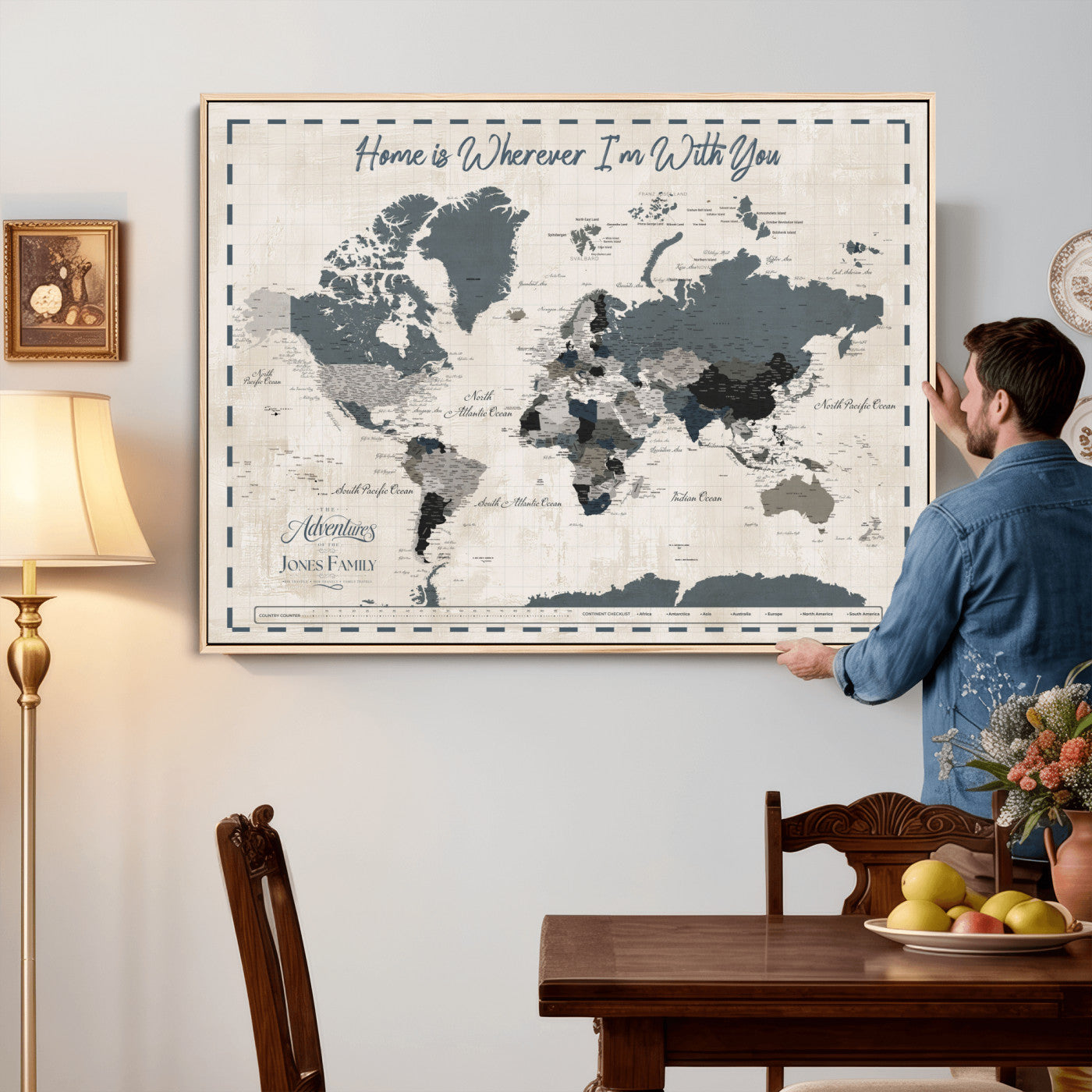 400867164-MGV-CV-36X24 - Framed Blue Custom Push Pin World Map Canvas Print – Personalized Travel Map Wall Art