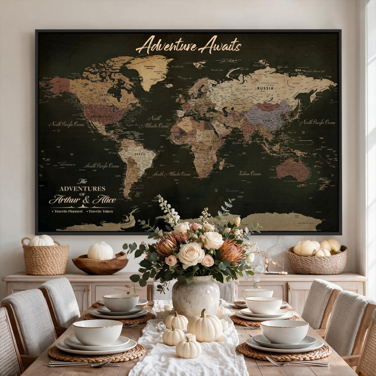 46935759-MGV-CV-36X24 - Custom Push Pin World Map Canvas | Personalized Travel Tracker | Wedding Anniversary Gift for Couples - Adventure Map Wall Art with Pins