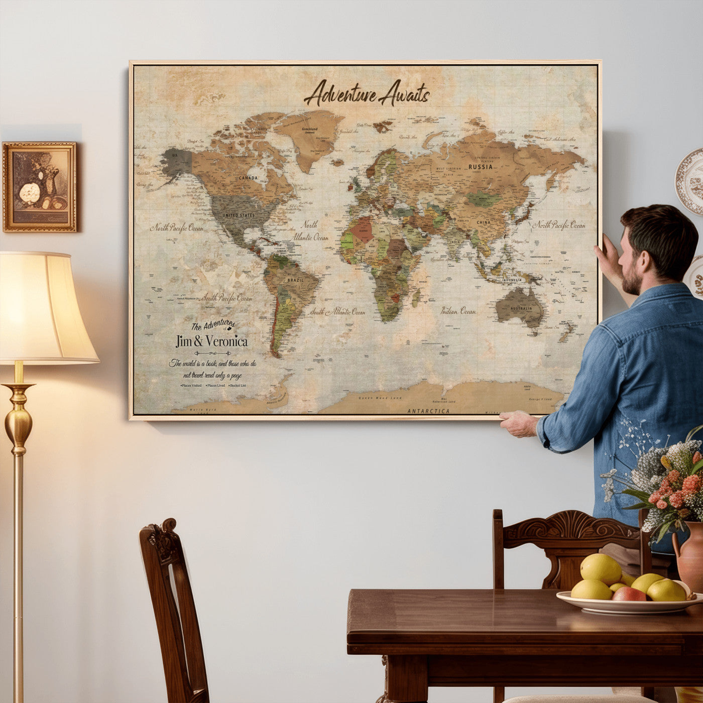 51298056-MGV-CV-36X24 - Custom Push Pin World Map Canvas | Personalized Travel Tracker | Wedding Anniversary Gift for Couples | Adventure Map Wall Art with Pins