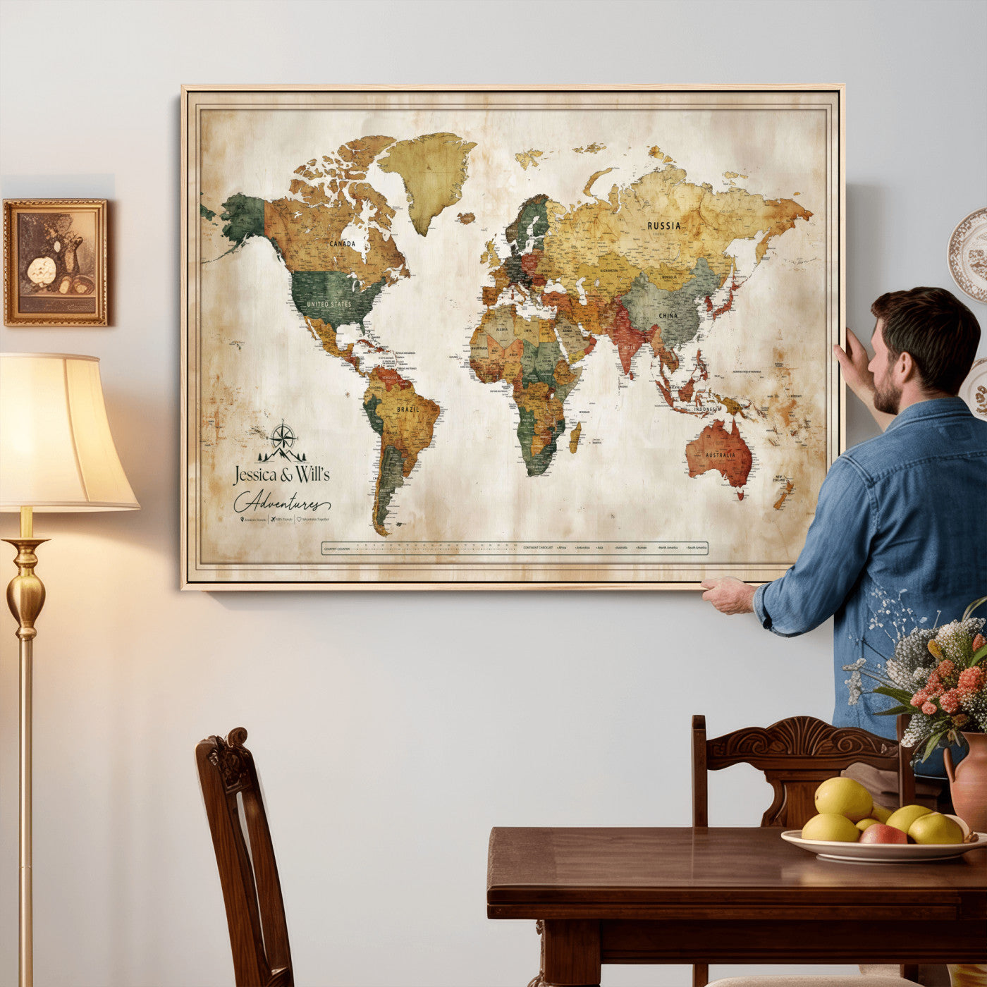 19542567-MGV-CV-36X24 - Custom Push Pin World Map Canvas | Personalized Travel Tracker | Wedding Anniversary Gift for Couples | Adventure Map Wall Art with Pins