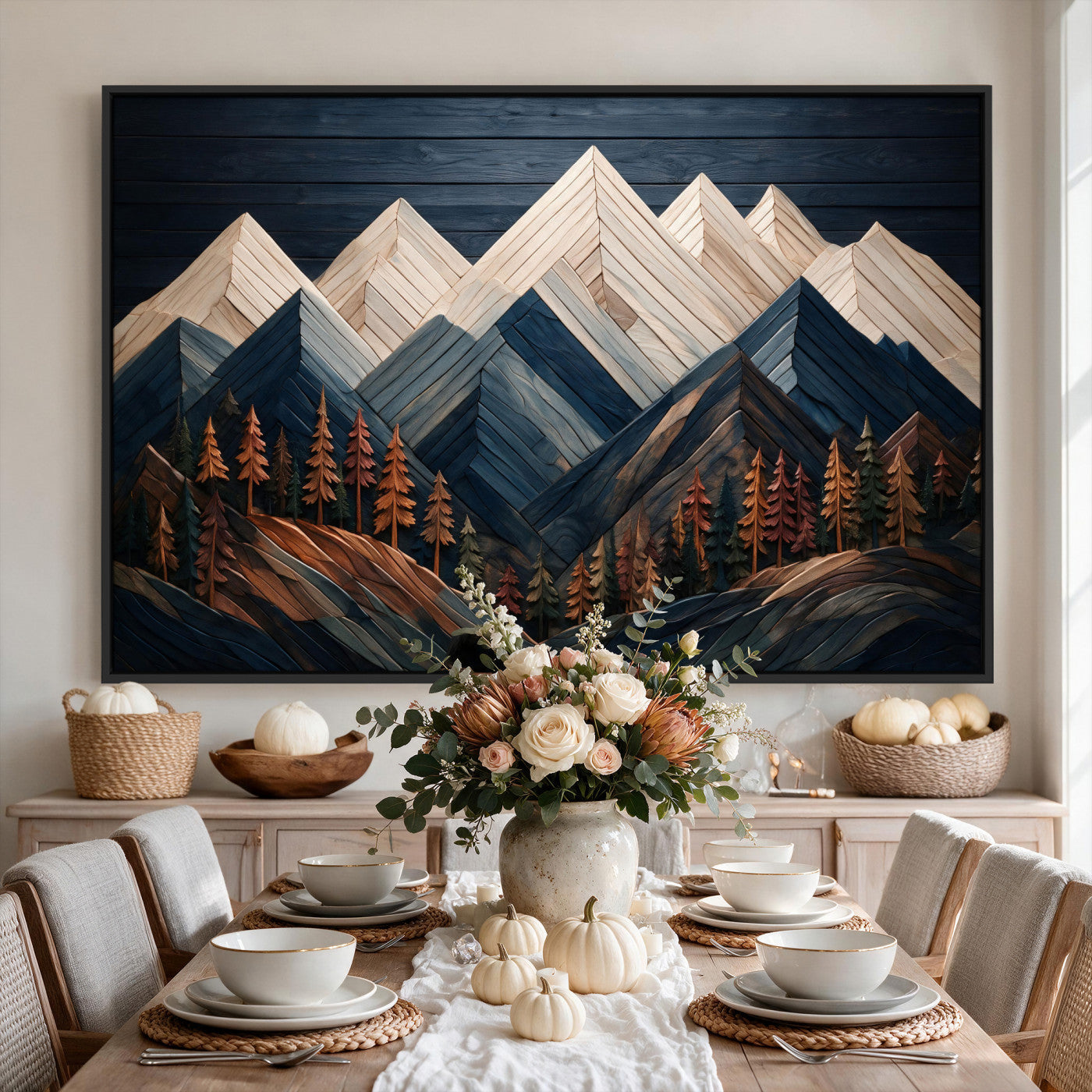 87765072-MGV-CV-36X24 - Geometric Wood Mountain Wall Art Canvas Print, 3D Look Rustic Mosaic Landscape Print