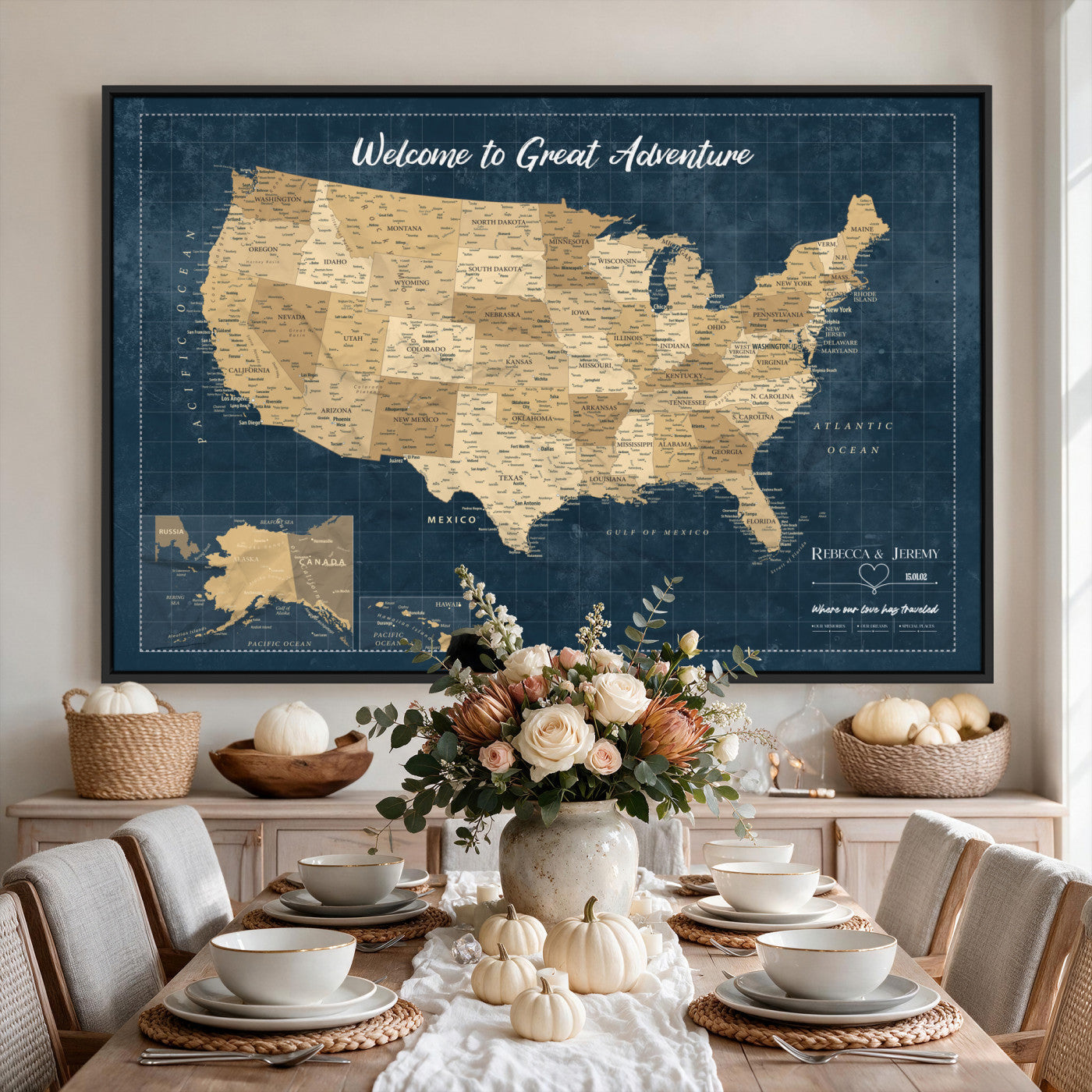 58851035-MGV-CV-36X24 - Custom Push Pin Travel USA Map Canvas Print, Cream Personalized Travel Tracker America Map, Anniversary Traveler Gift