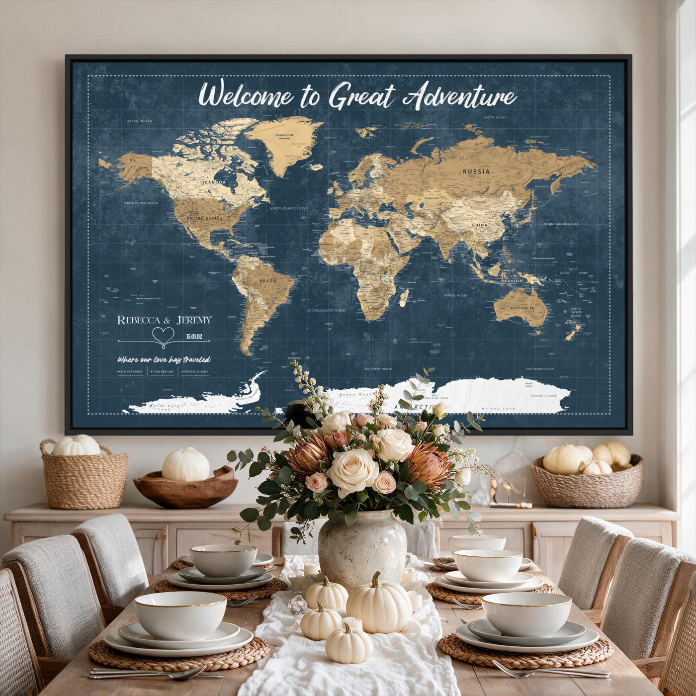 57167164-MGV-CV-36X24 - Custom Push Pin Travel Map Canvas Print, Cream Personalized Travel Tracker Map, Anniversary Gift, Vintage World Map Wall Art