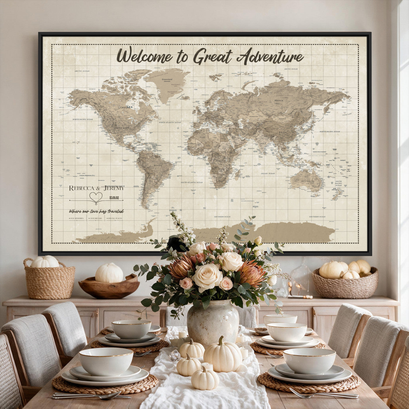 51180020-MGV-CV-36X24 - Custom Push Pin Travel Map Canvas Print, Cream Personalized Travel Tracker Map, Anniversary Gift, Vintage World Map Wall Art