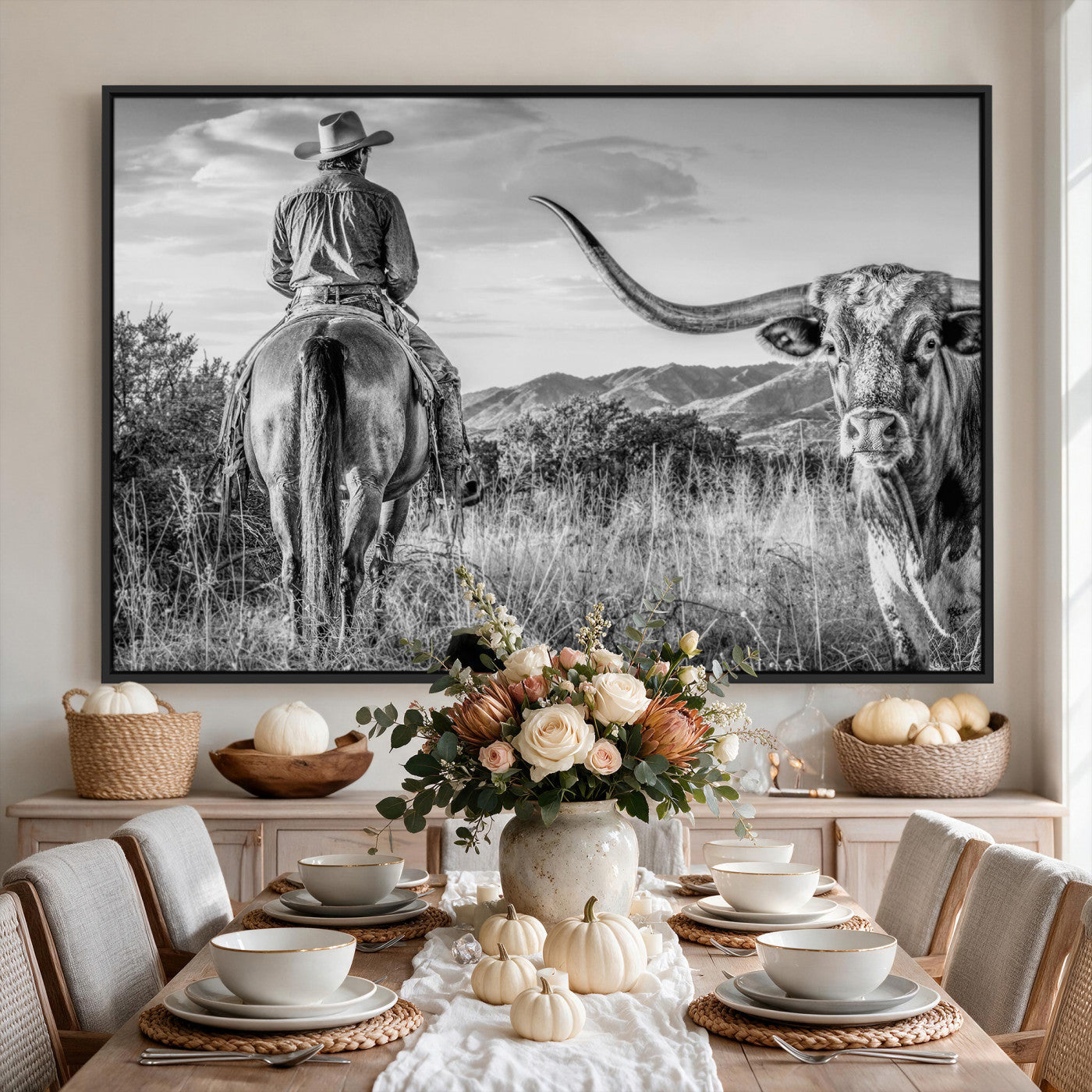 62076449WB-MGV-CV-36X24 - Texas Cowboy and Longhorn Bull Print for Western Wall Art Decor for Farmhouse