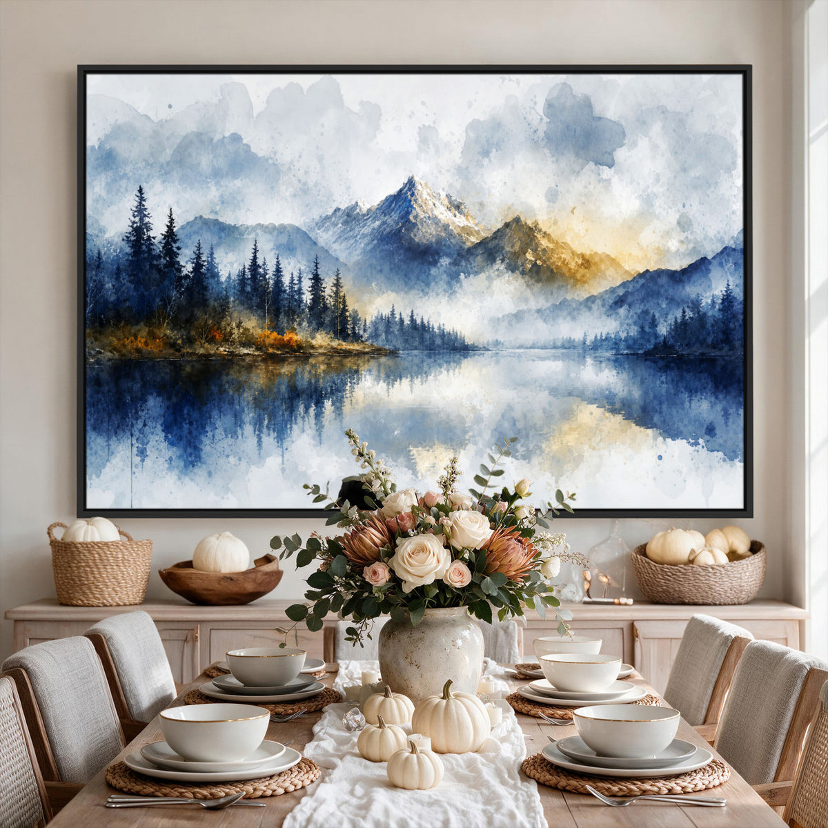 62076449DG-MGV-CV-36X24 - Abstract Watercolor Mountain Lake Wall Art Print for Living Room Decor