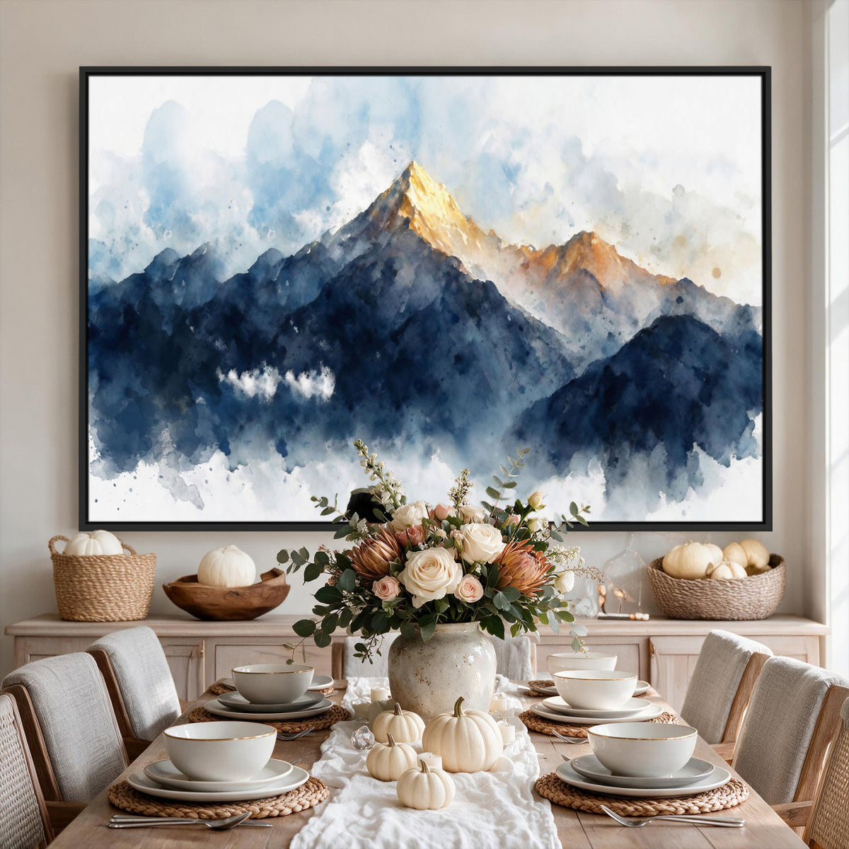 62076449DG1-MGV-CV-36X24 - Abstract Watercolor Mountain Lake Wall Art Print for Living Room Decor