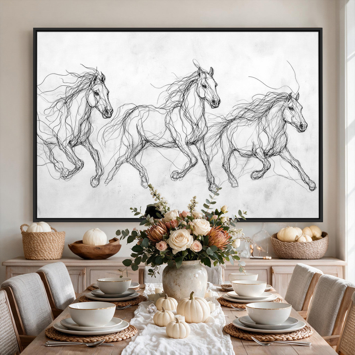 53600119-MGV-CV-36X24 - Monochrome Horse Canvas Wall Art, Black Ink Sketch Wild Horses Print, Minimalist Equestrian Artwork, Modern Abstract Line Decor, Urban Loft Gift