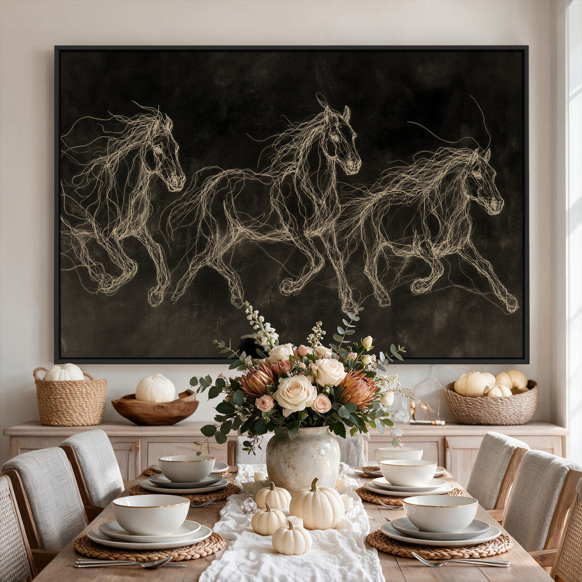 15344242-MGV-CV-36X24 - Dark Horse Line Art Canvas, Gold Scribble Wild Horses Print, Black Chalkboard Wall Art, Modern Luxury Equine Decor, Masculine Office Gift