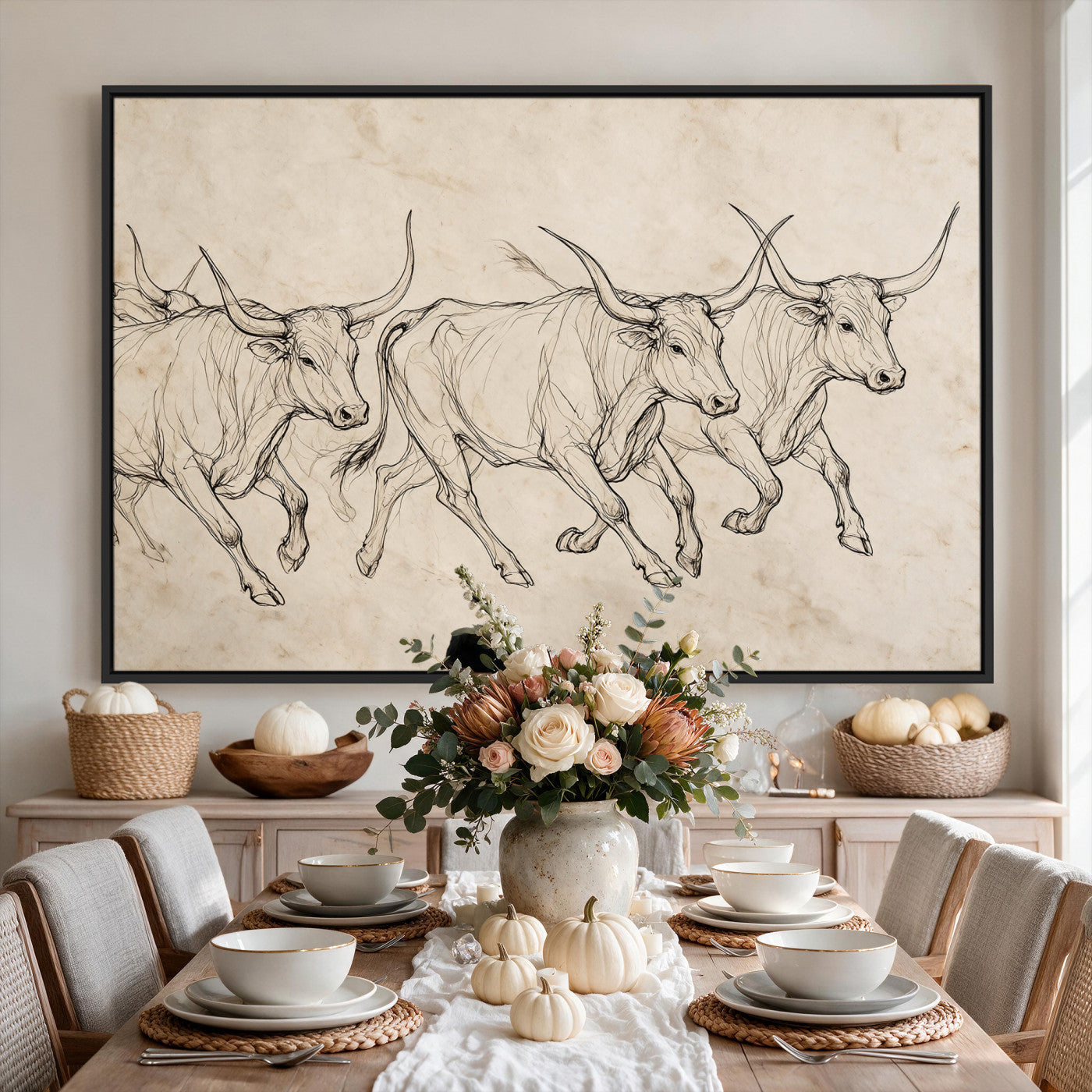 87177621-MGV-CV-36X24 - Minimalist Longhorn Line Art, Modern Texas Bull Canvas Print, Abstract Western Wall Decor, Continuous Line Artwork, Black White Ranch Gift