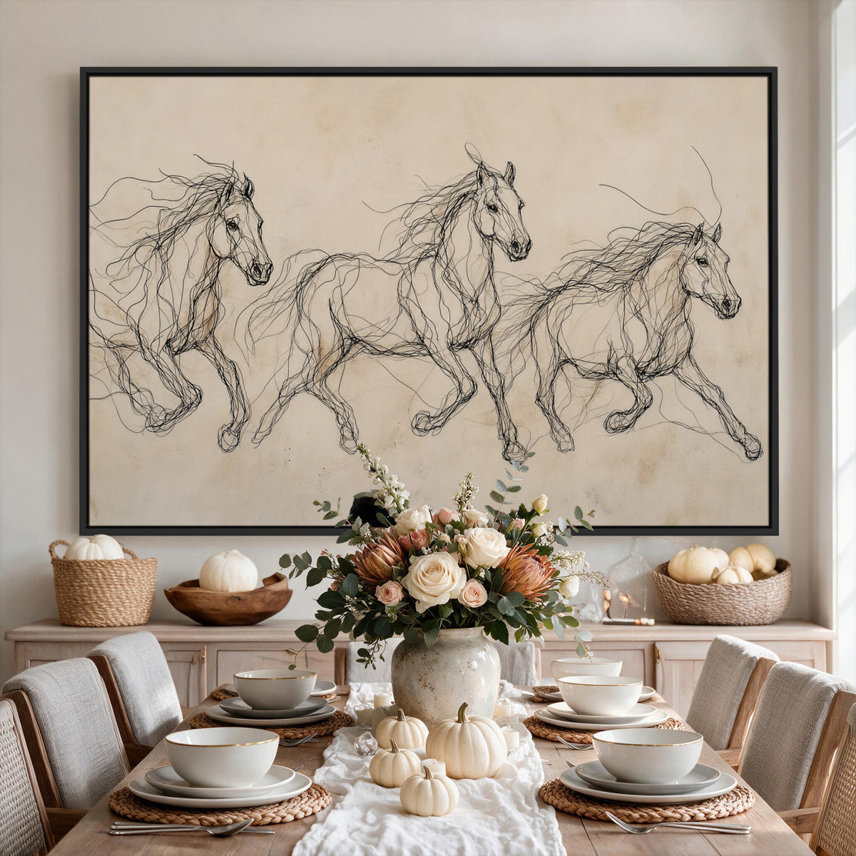 81051673-MGV-CV-36X24 - Abstract Horse Line Art Canvas, Gesture Sketch Wild Horses Print, Modern Scribble Artwork, Minimalist Equine Wall Decor, Rustic Studio Gift