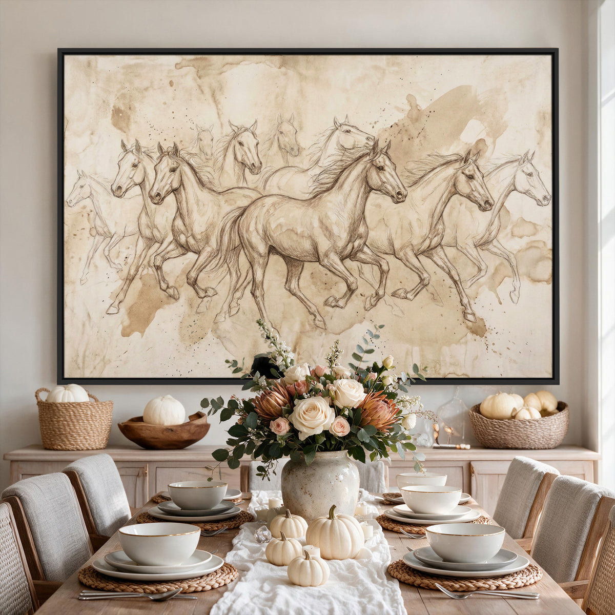 52233469-MGV-CV-36X24 - Vintage Horse Sketch Canvas Wall Art, Wild Horses Pencil Drawing Print, Antique Parchment Western Decor, Equine Sketching, Country Manor Gift