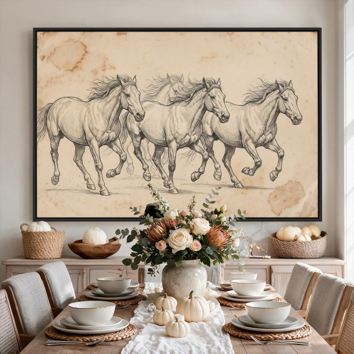 16644391-MGV-CV-36X24 - Vintage Horse Sketch Canvas Wall Art, Wild Horses Pencil Drawing Print, Antique Parchment Western Decor, Equine Sketching, Country Manor Gift