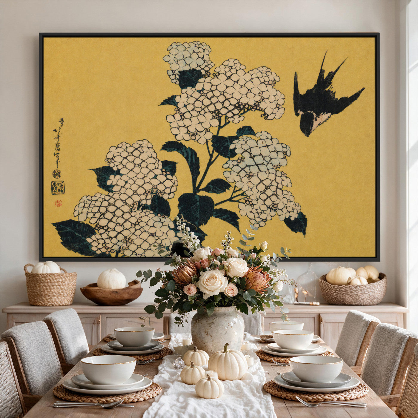 92483501-MGV-CV-36X24 - Katsushika Hokusai Hydrangea and Swallow Wall Art Canvas Print, Japanese Woodblock Painting Print