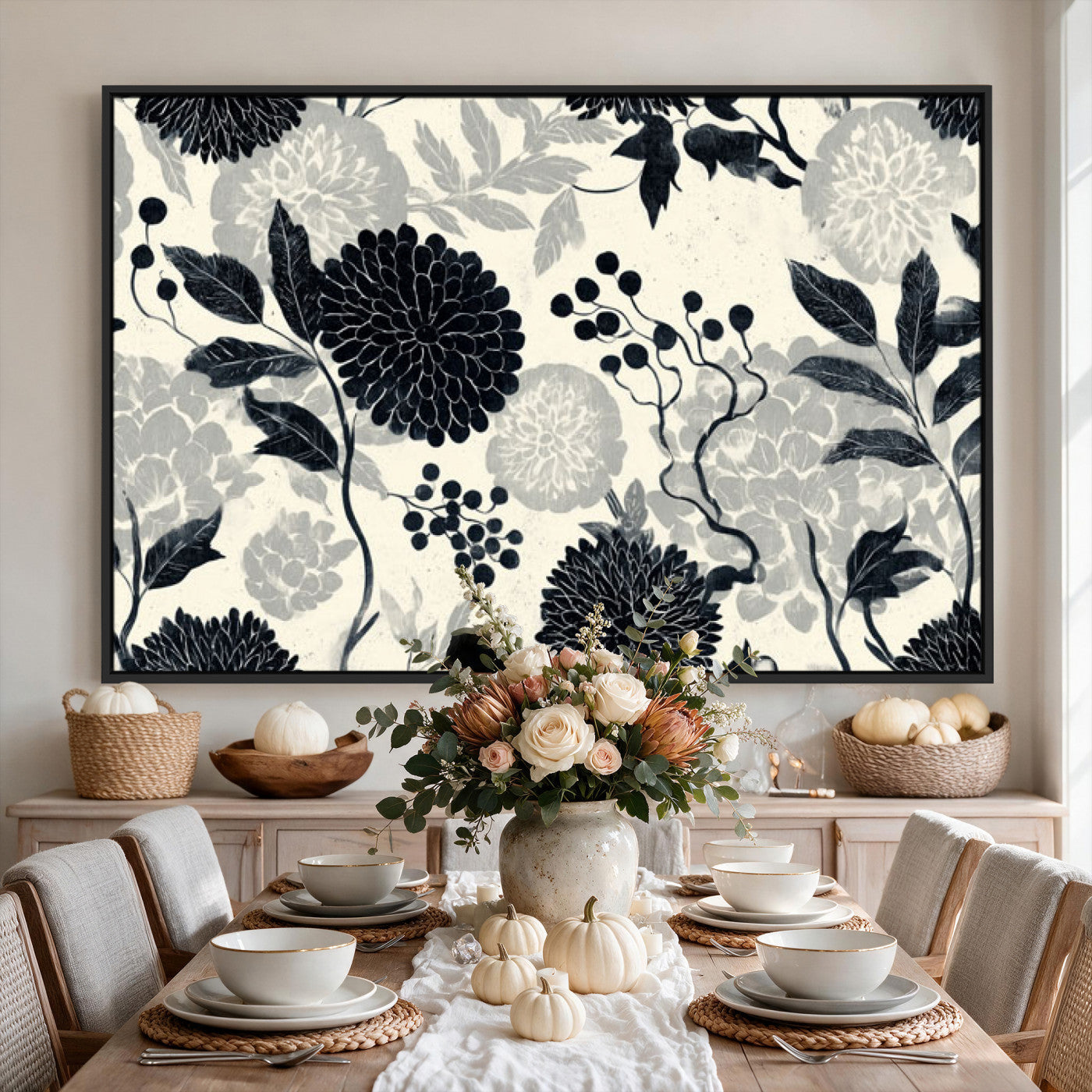 61524791-MGV-CV-36X24 - Vintage Black Chrysanthemum Wall Art Canvas Print, Monochrome Dhalia Floral Painting Print
