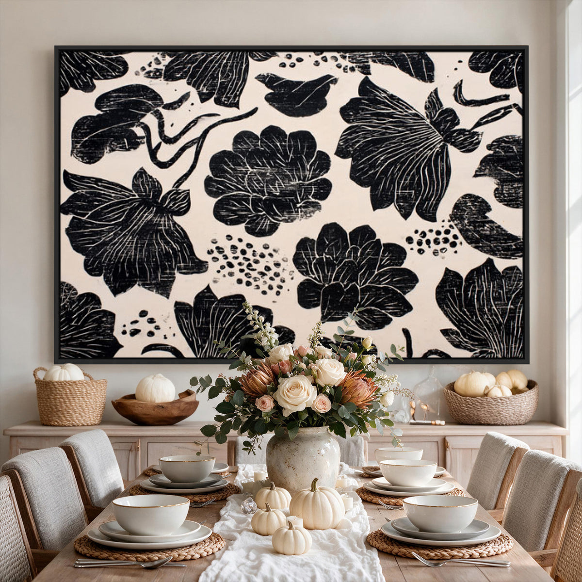 81787117-MGV-CV-36X24 - Linocut Black Lotus Floral Wall Art Canvas Print, Vintage Monochrome Botanical Painting Print