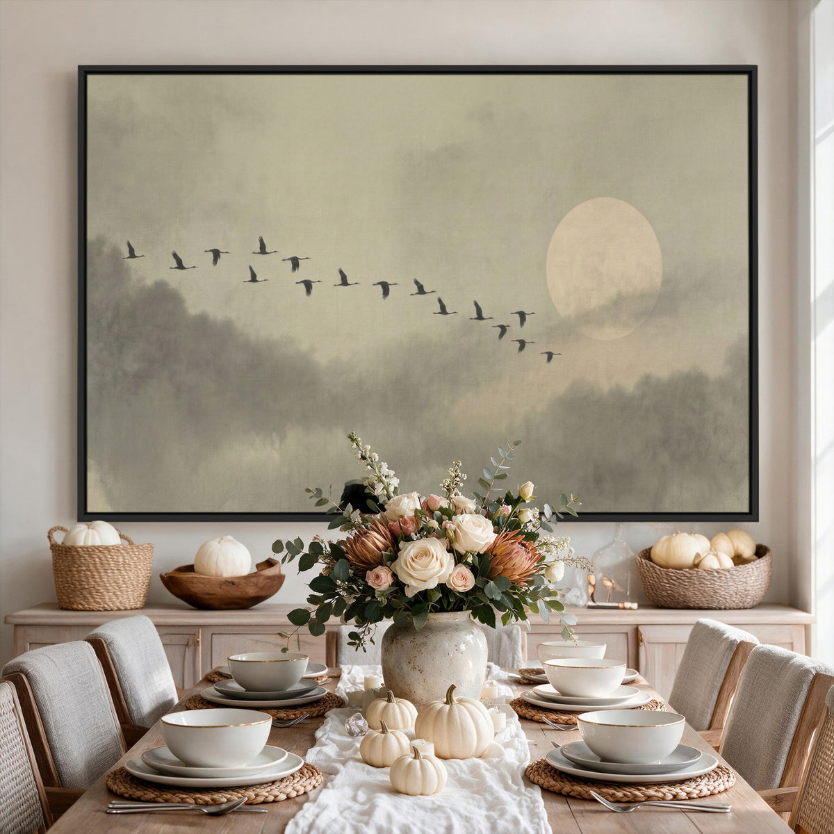 1209814B-MGV-CV-36X24 - Flying Cranes Canvas Wall Art, Misty Landscape with Moon, Sage Green Japandi Decor, Framed Print