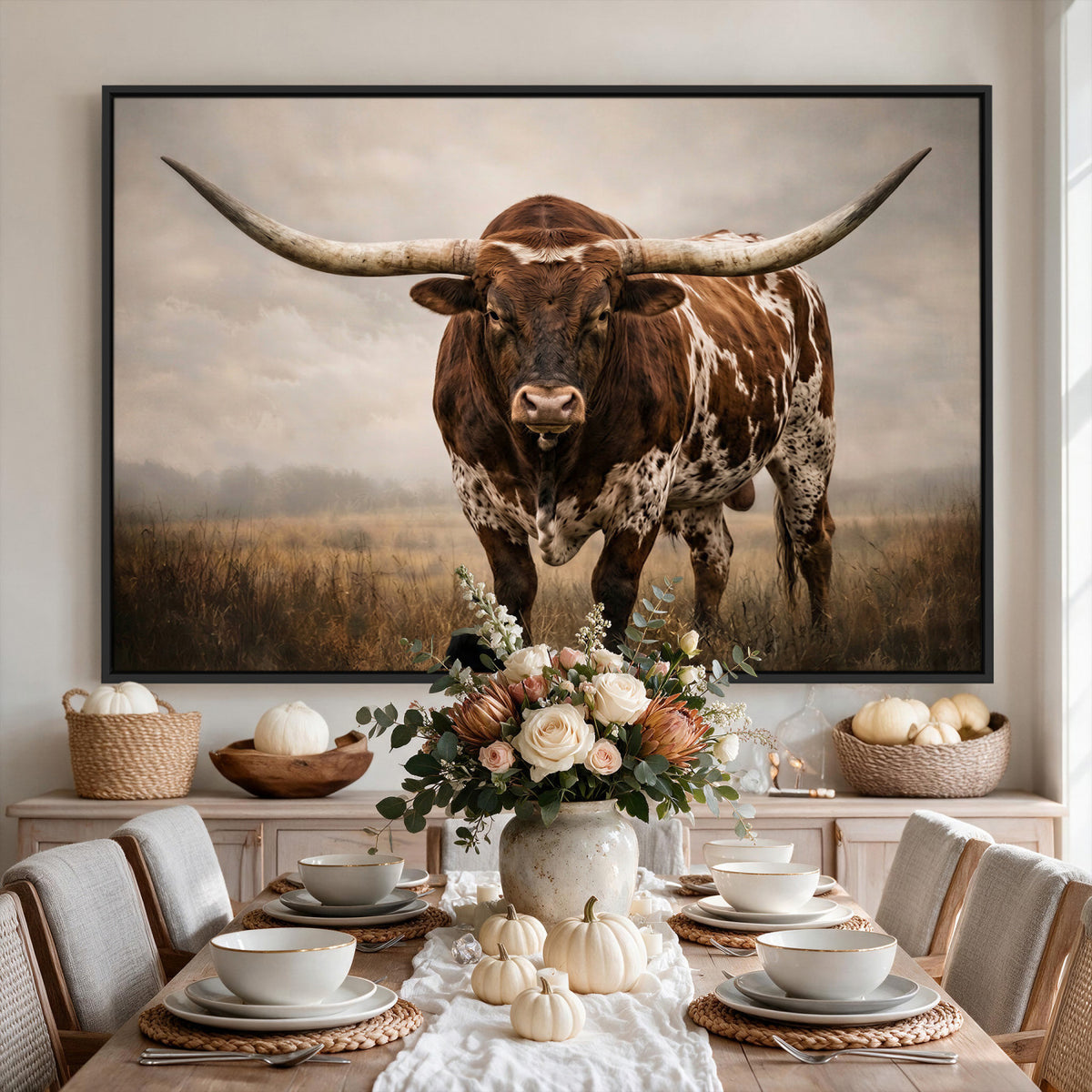 25239047A-MGV-CV-36X24 - Texas Longhorn Canvas Wall Art Western Bull Desert Moody Grey Overcast Rustic Farmhouse Framed Large for Living Room Bedroom Office Decor