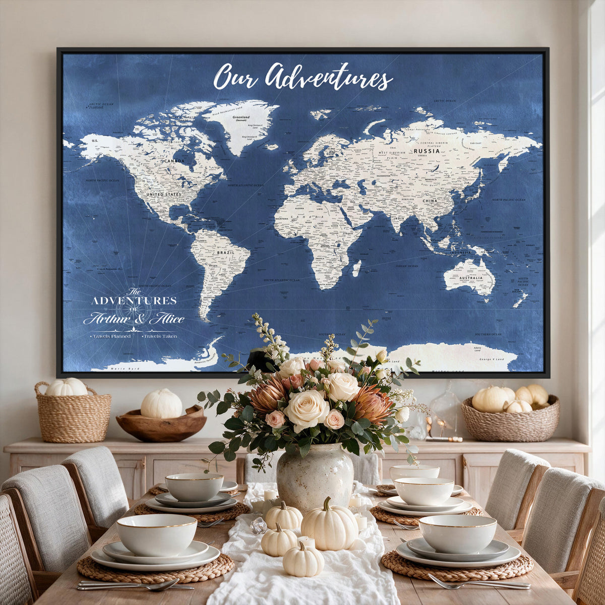 75405527-MGV-CV-36X24 - Extra Large Framed Personalize Push Pin World Map Wall Art Canvas Print for Travel Tracking