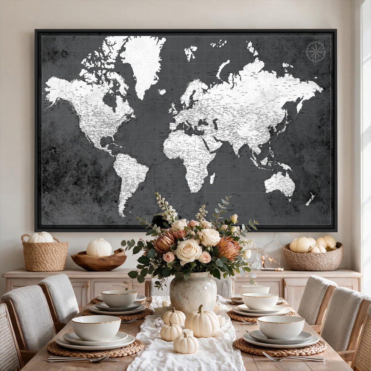 78574966-MGV-CV-36X24 - Extra Large Framed Personalize Push Pin World Map Wall Art Canvas Print for Travel Tracking