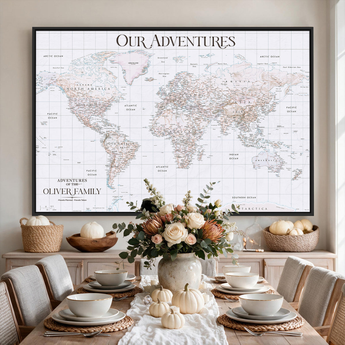 18074626D3DD-MGV-CV-36X24 - Extra Large Framed Personalize Push Pin World Map Wall Art Canvas Print for Travel Tracking NEWMAP - 015