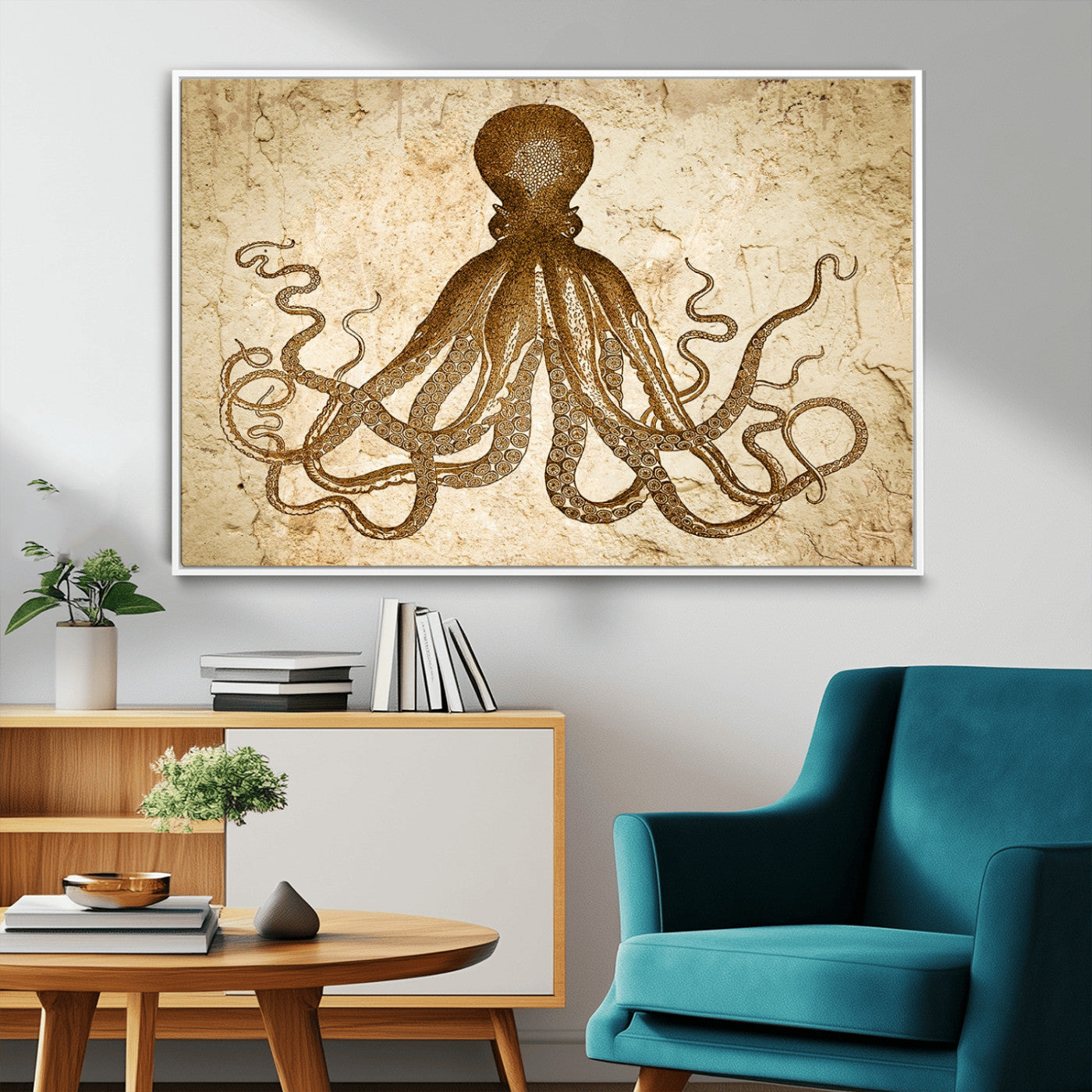 96154-MGV-FC-36X24_White-Sepia Octopus Wall Art Abstract Animal Canvas Print