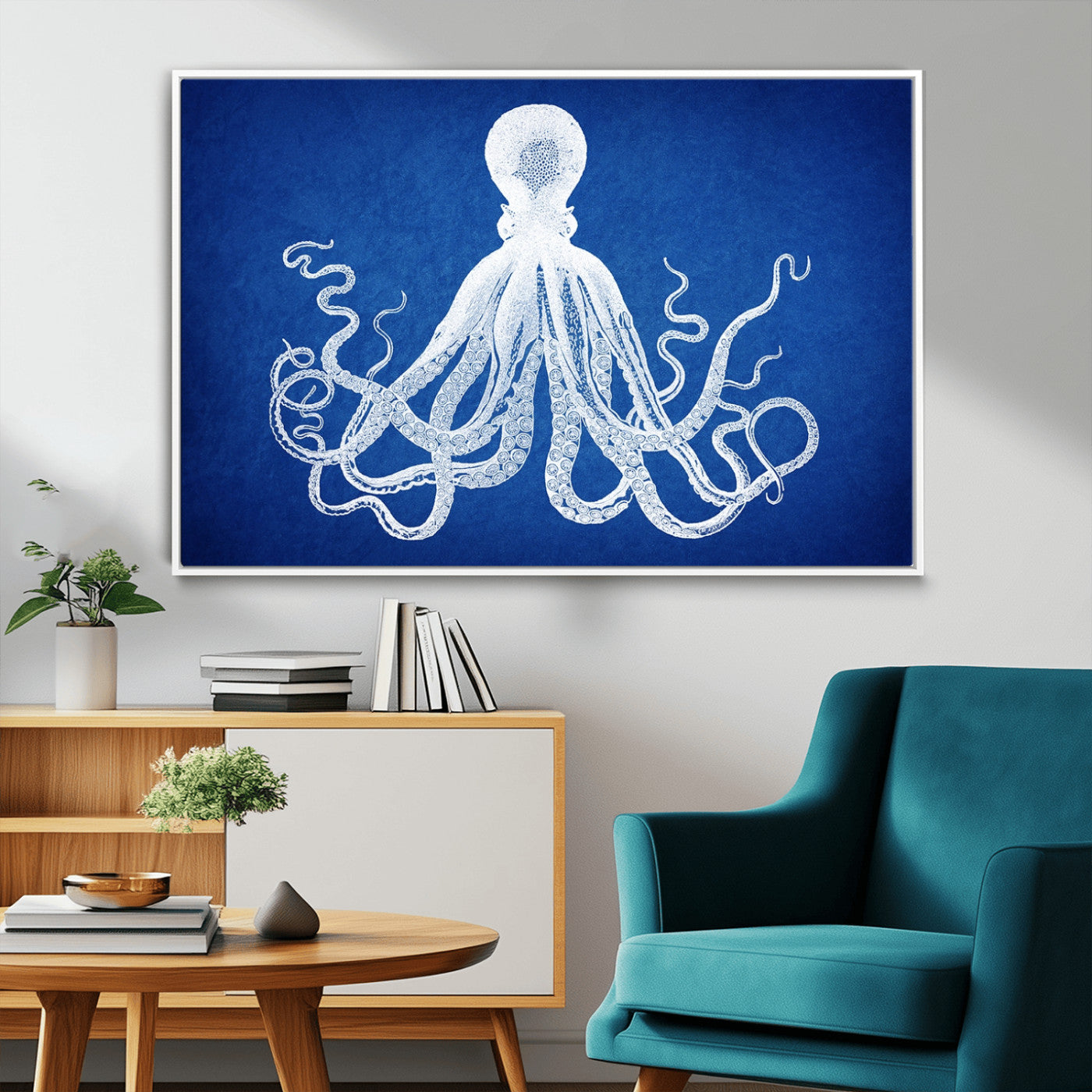 67315-MGV-FC-36X24_White-Large 3-Panel Blue Octopus Canvas Wall Art | Coastal Marine Life Artwork for Living Room, Bedroom,