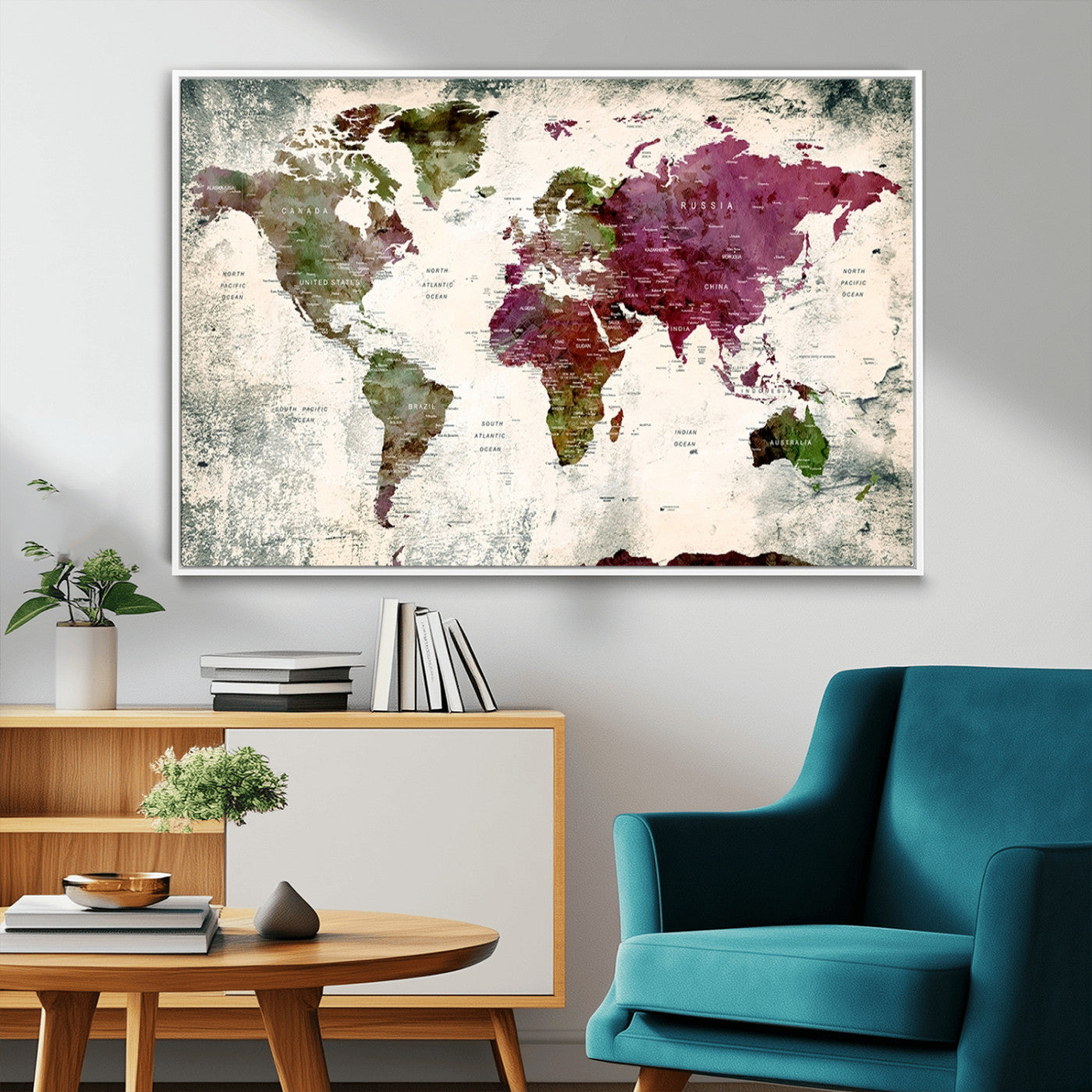 -Vintage Watercolor Push Pin World Map Canvas – Framed Travel Wall Art for Home and Office Decor