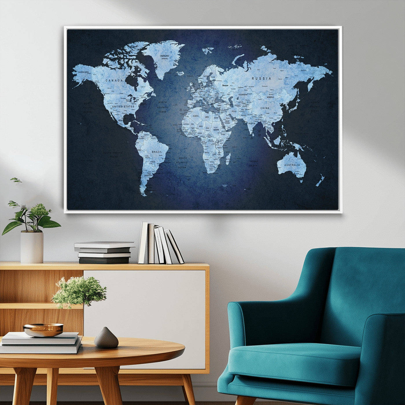 -Blue World Map Canvas Wall Art – Framed Modern Push Pin Travel Map for Home and Office Decor, Elegant Navy Global Wall Artwork for Travelers