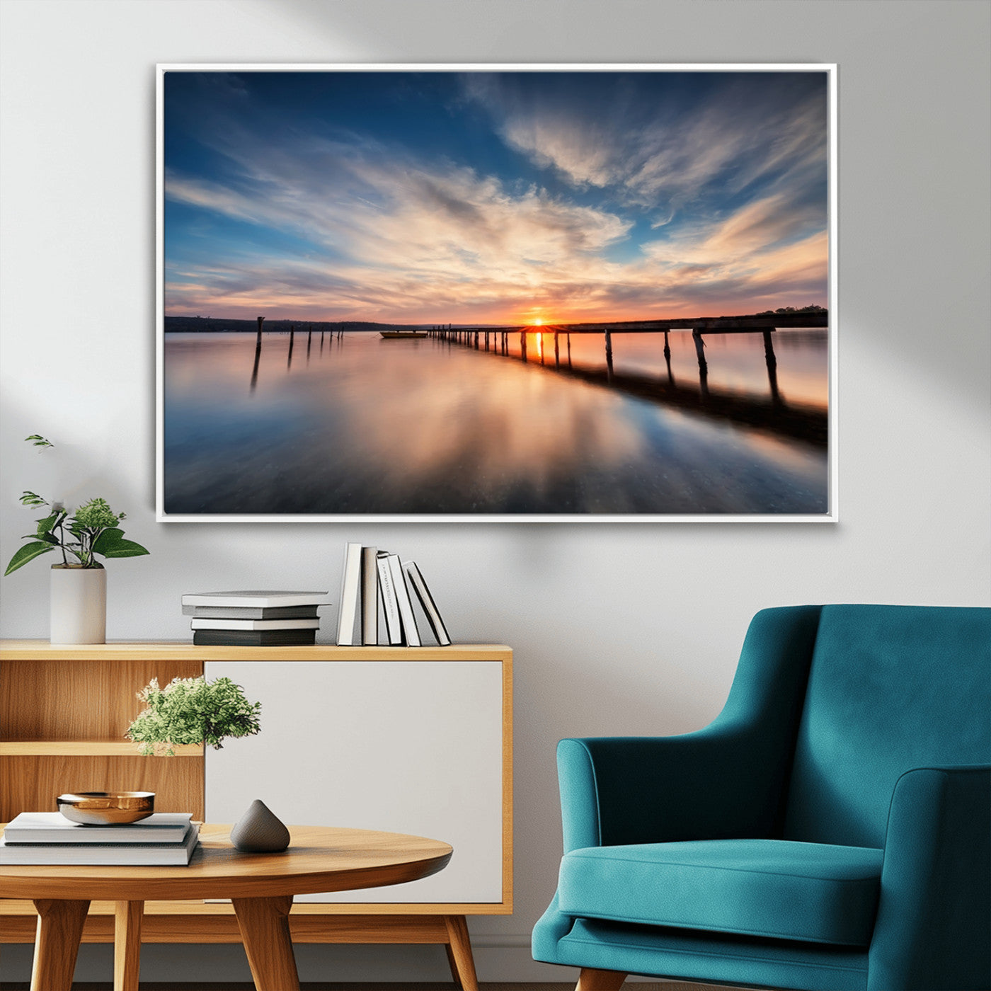 39967-MGV-FC-36X24_White-Wooden Pier on Seascape and Sunset Wall Art Canvas Print