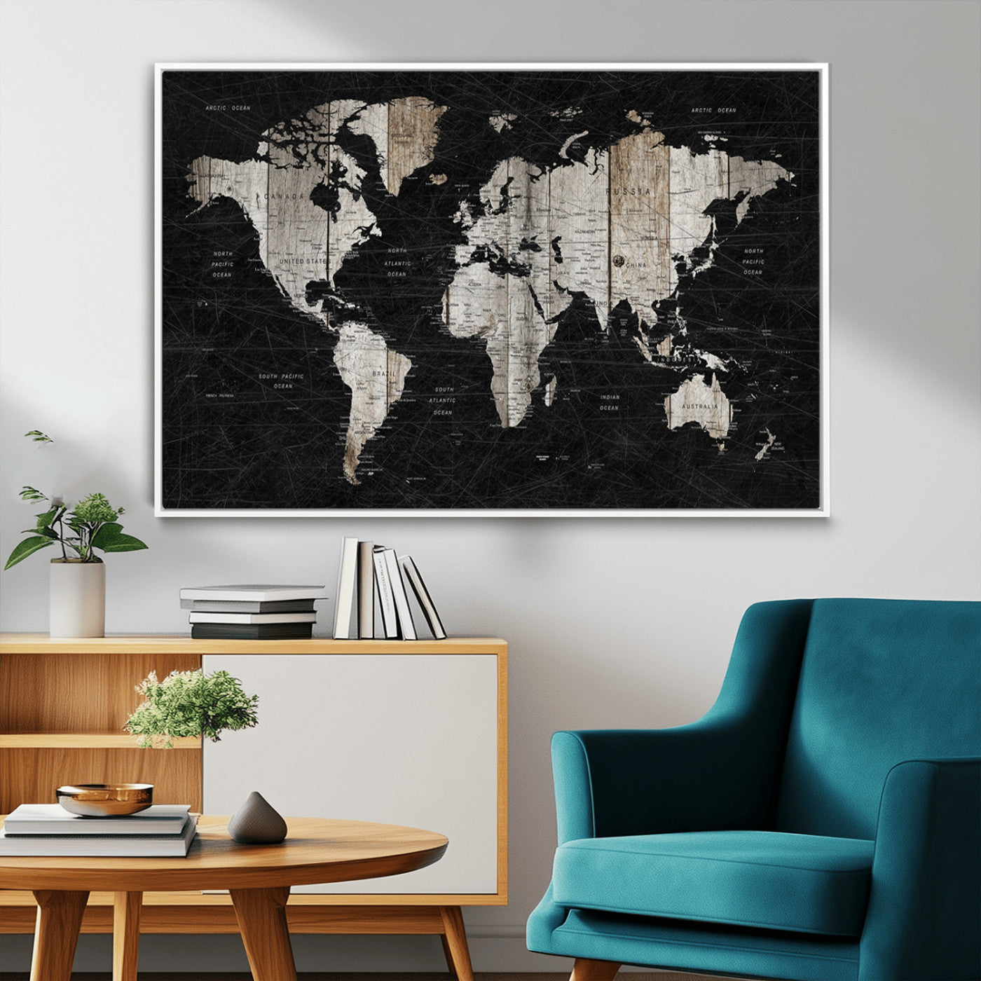 89998-MGV-CV-36X24-Rustic Black and Wood World Map Canvas Wall Art – Framed Push Pin Travel Map for Home and Office Decor, Modern Vintage Wall Artwork