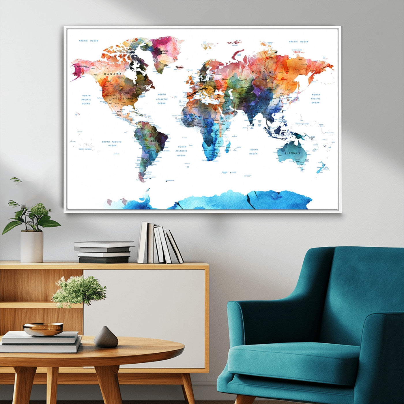 11576-MGV-CV-36X24-Vibrant Watercolor World Map Canvas Wall Art – Framed Push Pin Travel Map for Home and Office Decor, Modern Colorful Wall Artwork
