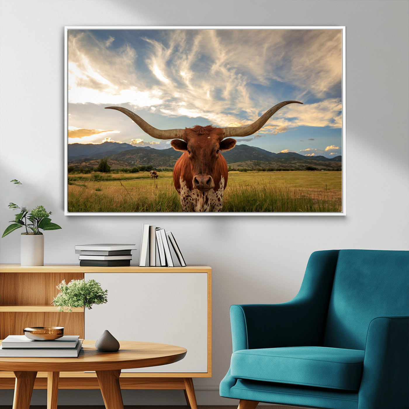 55416-MGV-FC-36X24_White-Texas Longhorn Canvas Wall Art – Majestic Triptych Animal Print – Rustic Western Decor for Living