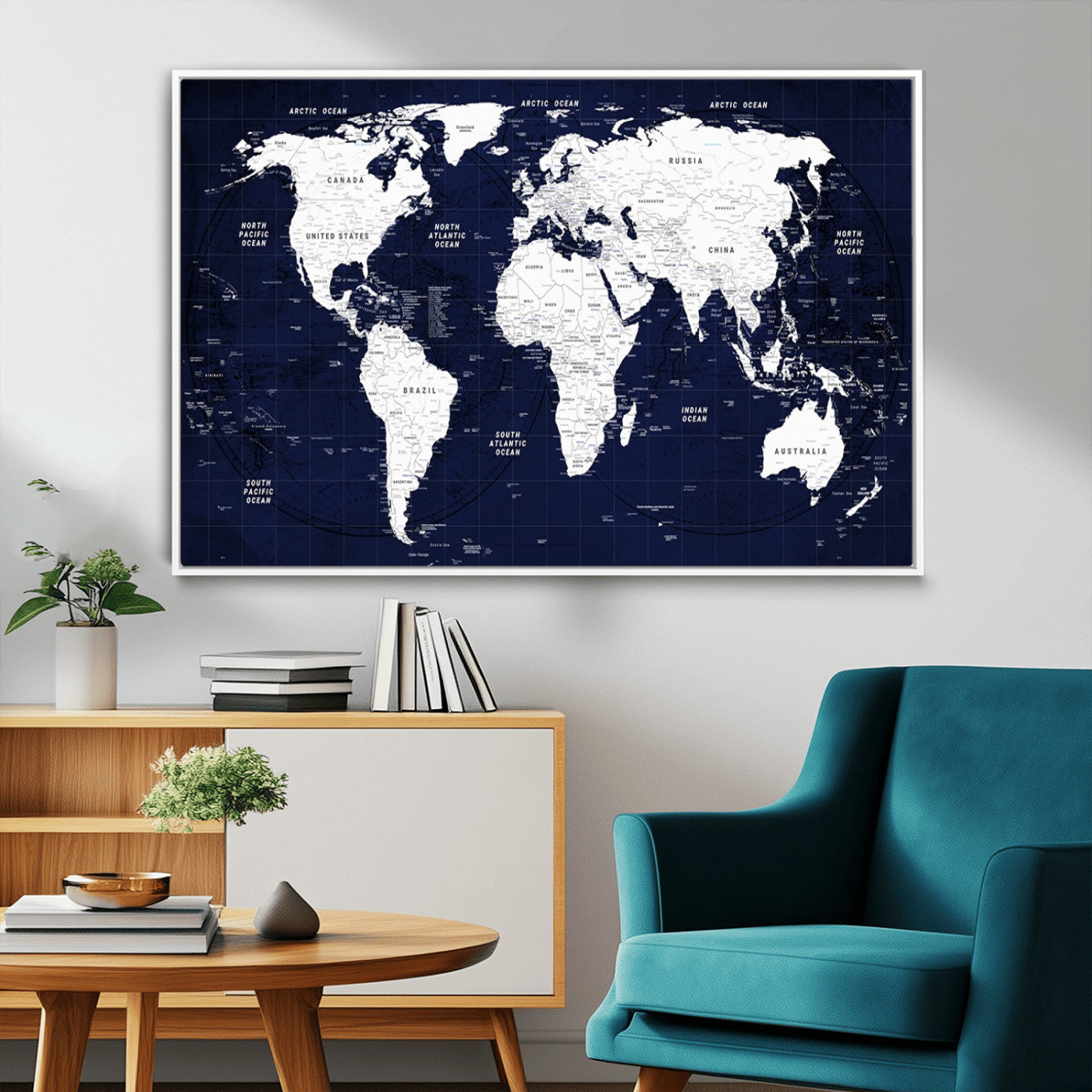-Navy Blue World Map Canvas Print – Modern Push Pin Travel Map Wall Art, Framed Contemporary Decor for Home or Office