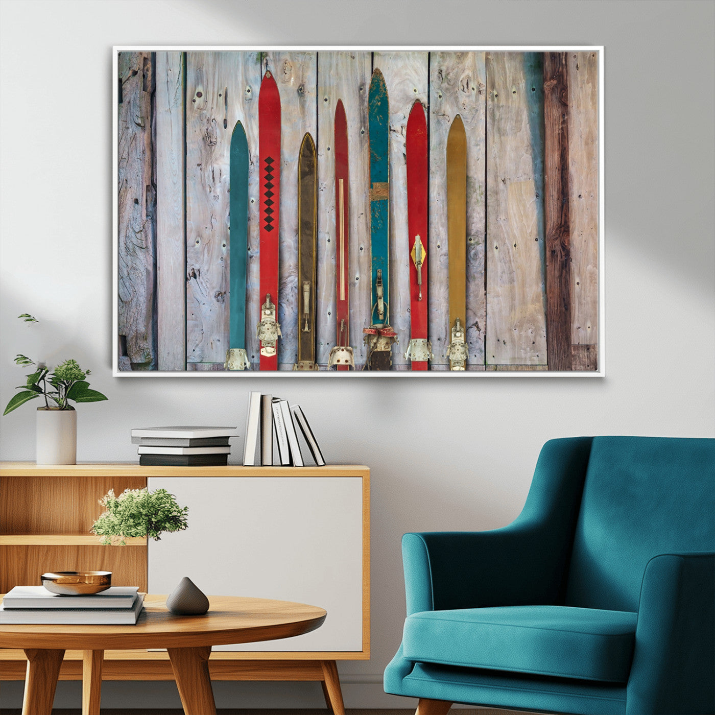 30640-MGV-FC-36X24_White-Vintage Wooden Weathered Ski's in Front of an Old Barn Wall Art Canvas Print for Farmhouse, Cabin