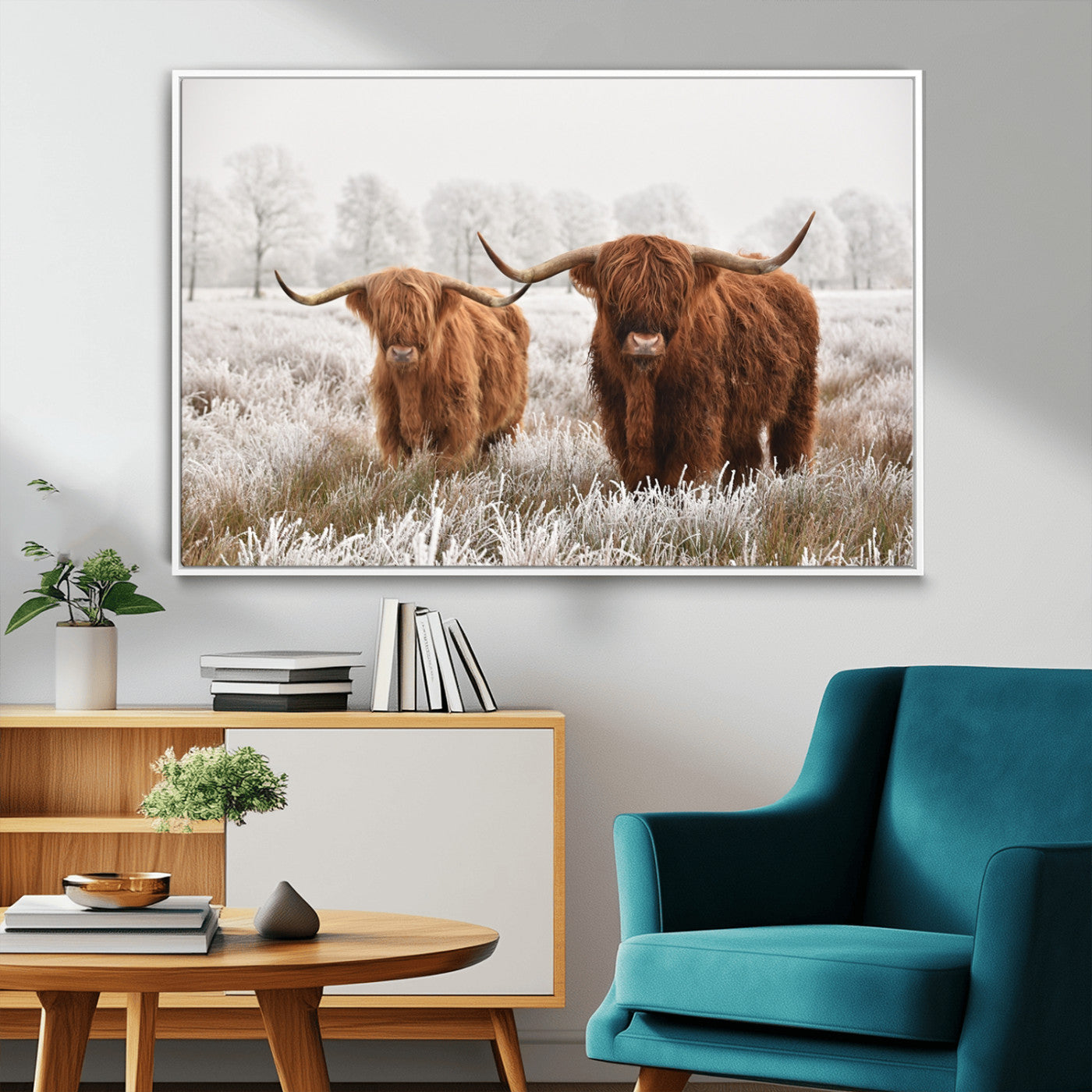 60379-MGV-FC-36X24_White-Longhorn Cattle Wall Art Canvas Print, Framed Farmhouse Style Art Picture Print, Rustic Cow Perfect Rustic Farmhouse Decor Artwork