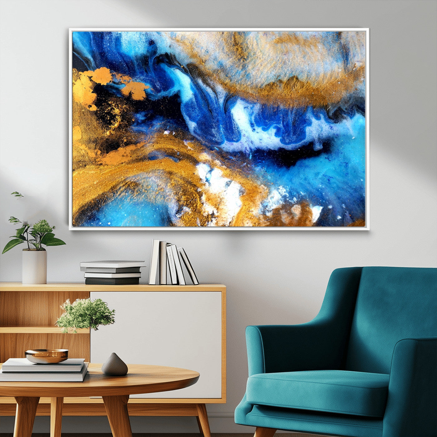 42100-MGV-CV-36X24-Blue Orange Marble Fluid Effect Canvas Wall Art Print