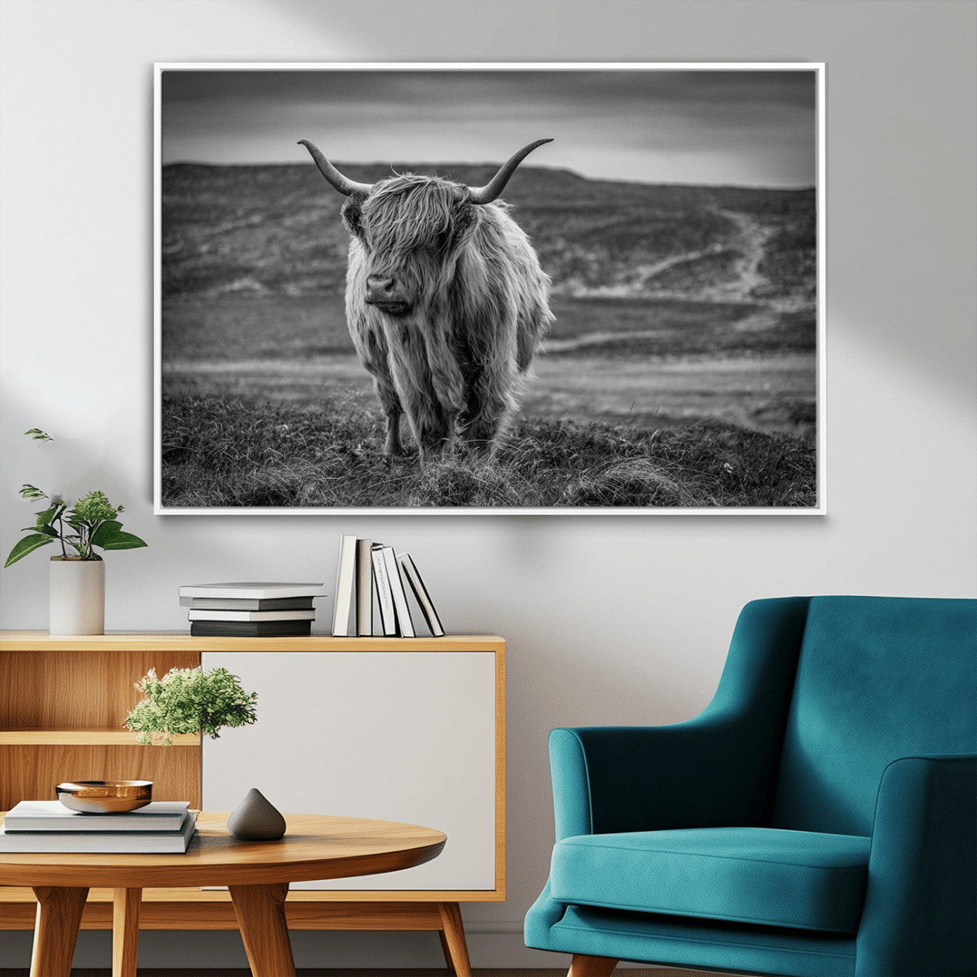-Fluffy Cattle Wall Art Print, Highland Cow Canvas, Framed Black and white Wall Art