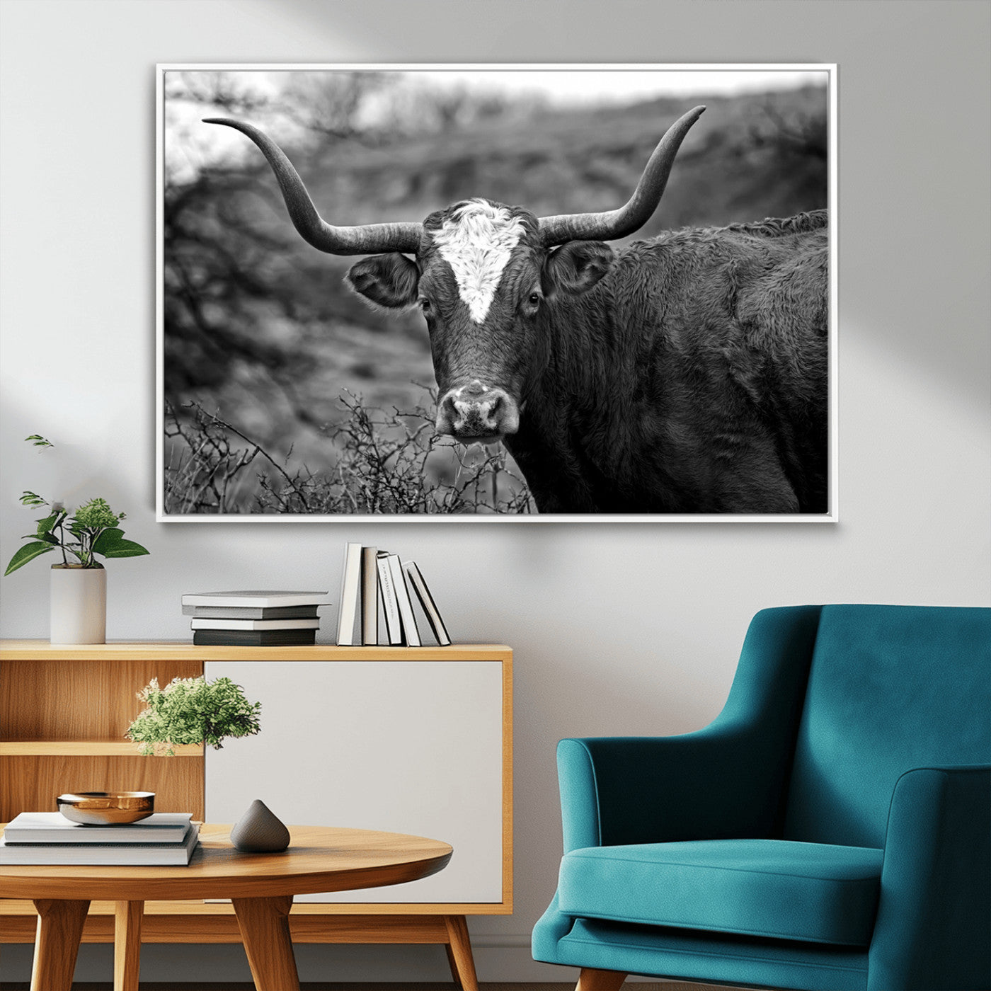 76200-MGV-FC-36X24_White-Western Home Wall Art Canvas Print, Framed Texas Longhorn Art Picture Print, Rustic Cow Perfect Rustic Farmhouse Decor Artwork